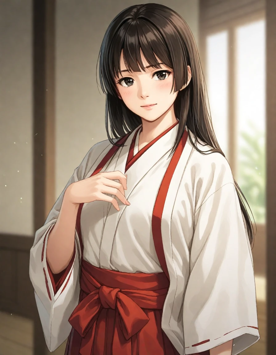 <lora:japanese_hime_XL-bf16-pony-v1:0.7>japanese_hime,1girl,black hair,  miko,white shirt, red hakama, japanese clothes, haori,, BREAK score_9, score_8_up, score_7_up, BREAK  source_anime, best quality, masterpiece, uncensored,(clear eyes:1.2)<lora:Hyper-SDXL-4steps-lora:1>,   zPDXL, zPDXL2