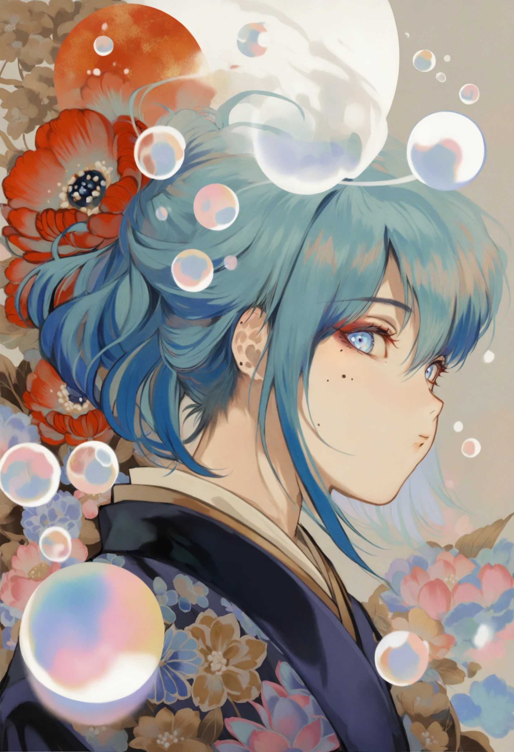 masterpiece, best quality,1girl, solo, looking at viewer, mole under eye, blue eyes, japanese clothes, mole, blue hair, kimono, closed mouth, from side, bubble, profile, looking to the side, flower, portrait, multicolored hair
<lora:huyaXLlokr3f-000191:0.95>