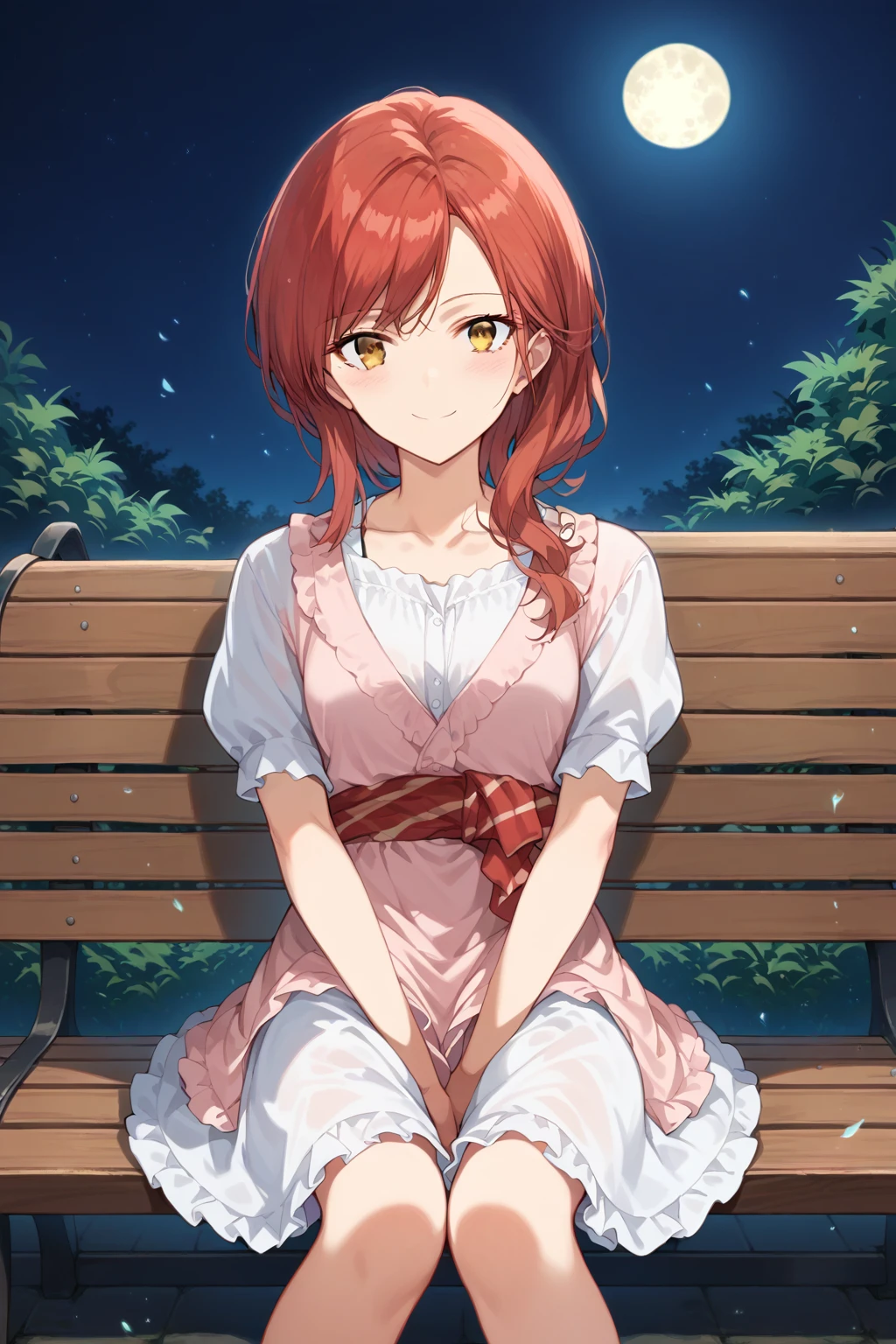 (score_9, score_8_up:1.1), score_7_up, source_anime, alexandra magritte, 1girl, solo, red hair, swept left hair, amber eyes, white frilly dress, looking at viewer, smile, blush, sitting, bench, outdoors, night, moon, light perticles, wind particles, highly detailed,