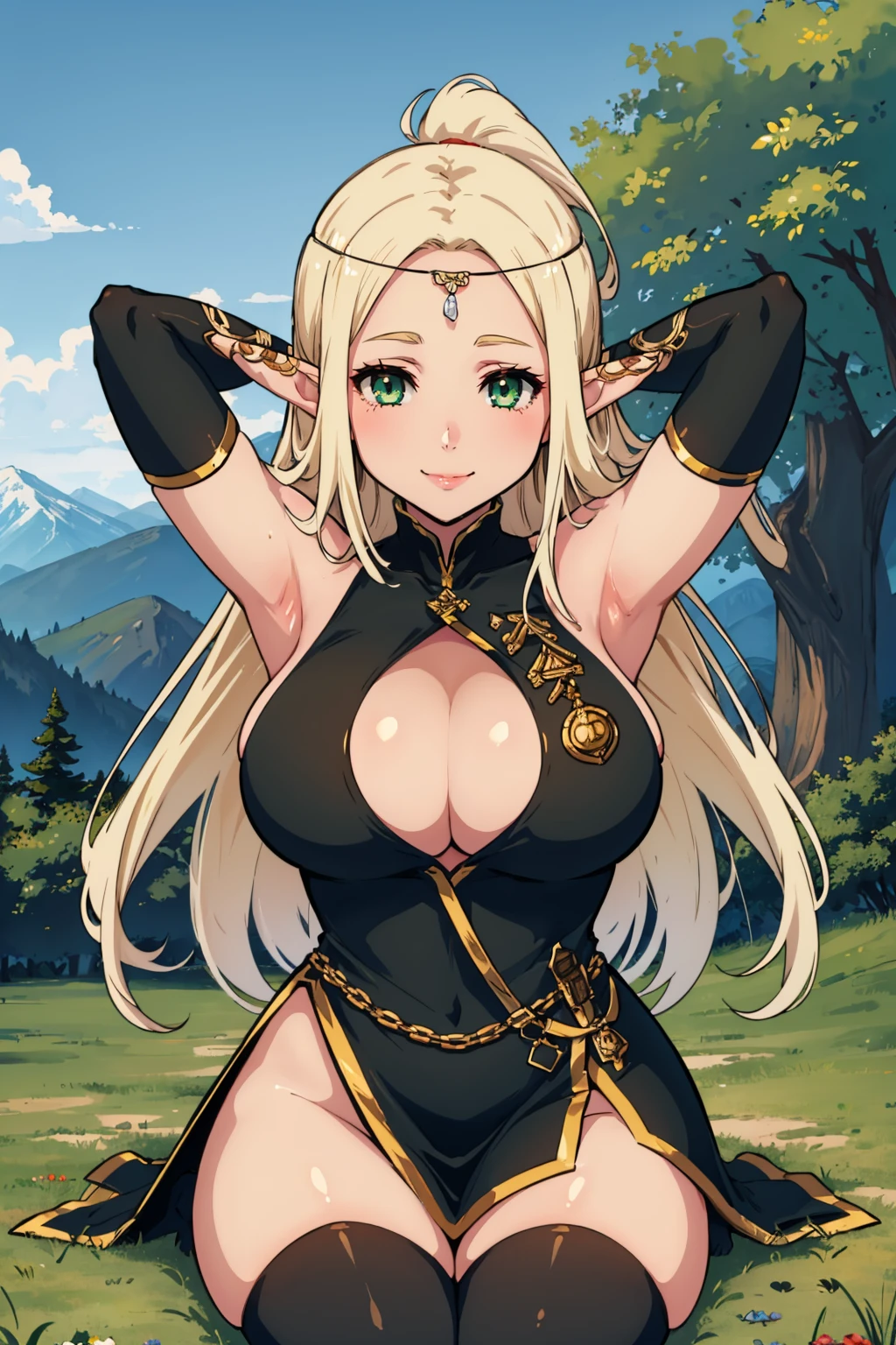 masterpiece, best quality, 1girl,  <lora:eo5warlock-nvwls-v1-000009:0.9> eo5warlock, pointy ears, blonde hair, green eyes, ponytail, circlet, black dress, cleavage cutout, black thighhighs, elbow gloves, large breasts, looking at viewer, field, seiza, arms behind head, mountains, smile