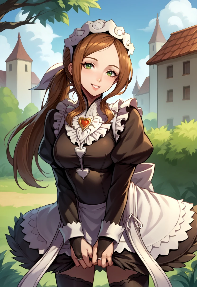 score_9, score_8_up, score_7_up, source_anime BREAK solo, 1girl, <lora:Fates-villager-maiden-pdxl_Fp-000005:1>, fatesvillagemaiden, ponytail, long hair, bandana, brown hair, green eyes, smile, <lora:fatesmaid-fe-richy-v1_pdxl:1>, fates maid, maid headdress, maid apron, bridal gauntlets, black thighhighs, looking at viewer,