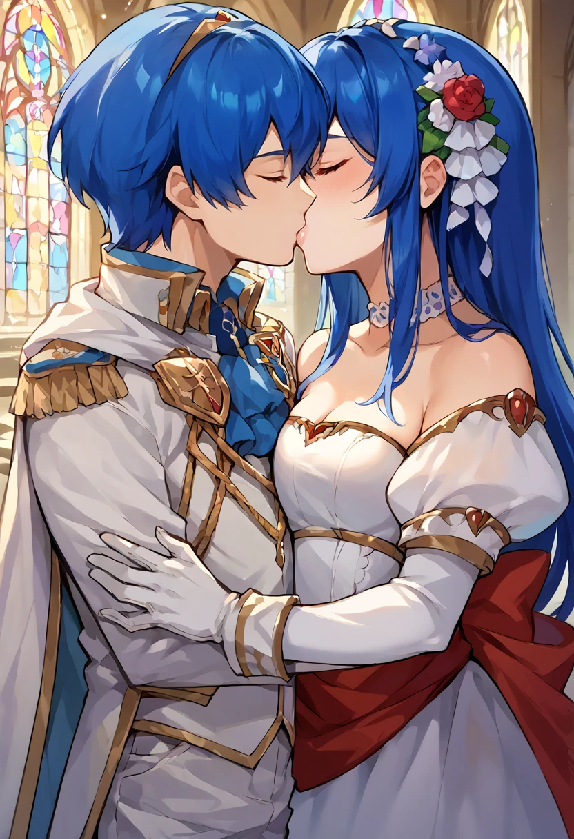 score_9, score_8_up, score_7_up, source_anime, kiss, church, closed eyes, hug, BREAK, 1boy,  <lora:Marth-pdxl_Fp:1>, marthwed, blue hair, , short hair, tiara, white suit, white gloves, epaulettes, formal, white cape, BREAK 1girl <lora:caeda-fe-richy-v1_pdxl:1>, caedabrd, blue hair, long hair, bangs, hairband, frilled hair ornament, white choker, bride, wedding dress, cleavage, detached sleeves, puffy short sleeves, see-through sleeves, long sleeves, frills, red sash