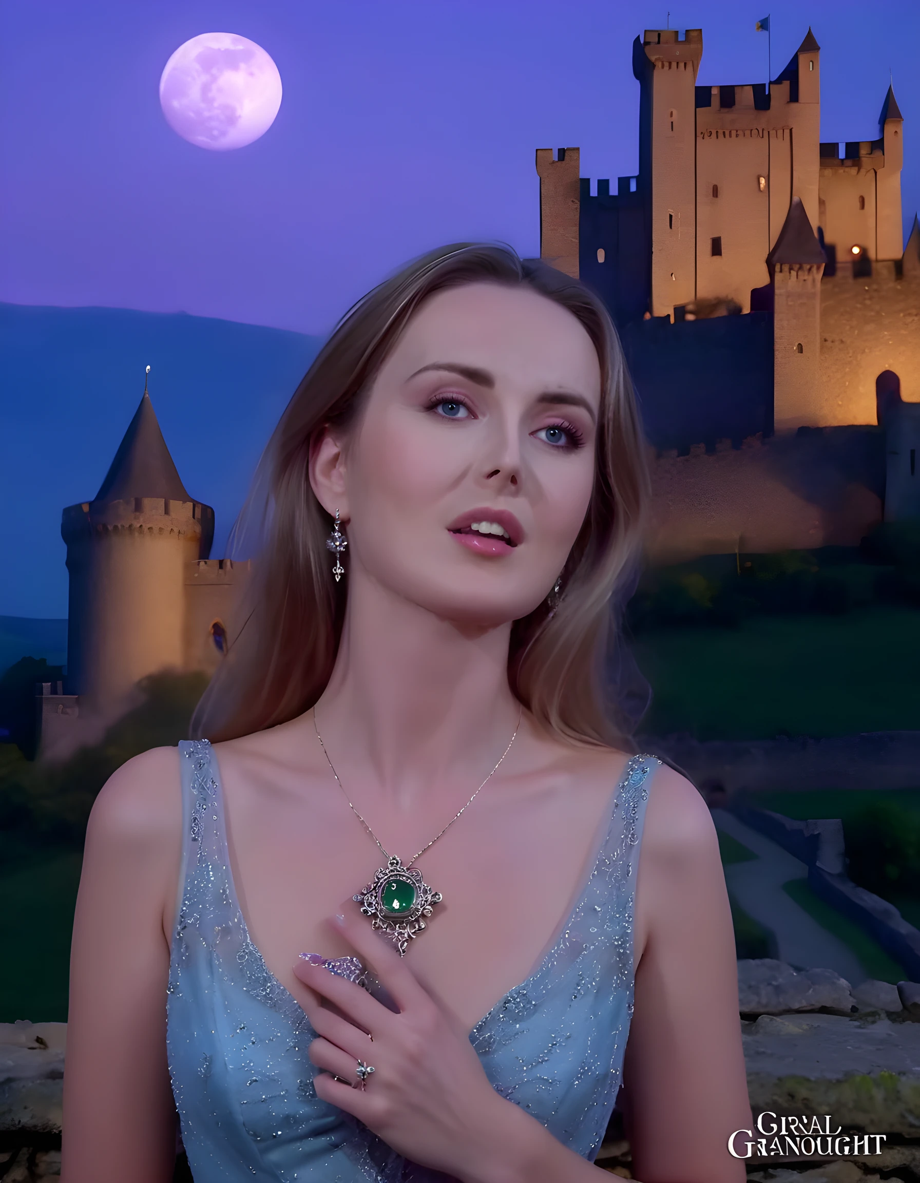 5C4RL377, A PG-rated photograph captures a stunning woman, oral_invitation, with captivating green eyes and a flat chest, posed elegantly with a delicate hand clutching an exquisite vintage brooch against the dual backdrop of a twilight sky (purple hues) and a starlit celestial body (blue hues), illuminated by soft moonlight streaming through a medieval castle's grand arched window, creating a dreamlike and ethereal atmosphere. The image is expertly framed to isolate the woman in a solo focus, showcasing her timeless beauty and strength amidst the enchanting setting.