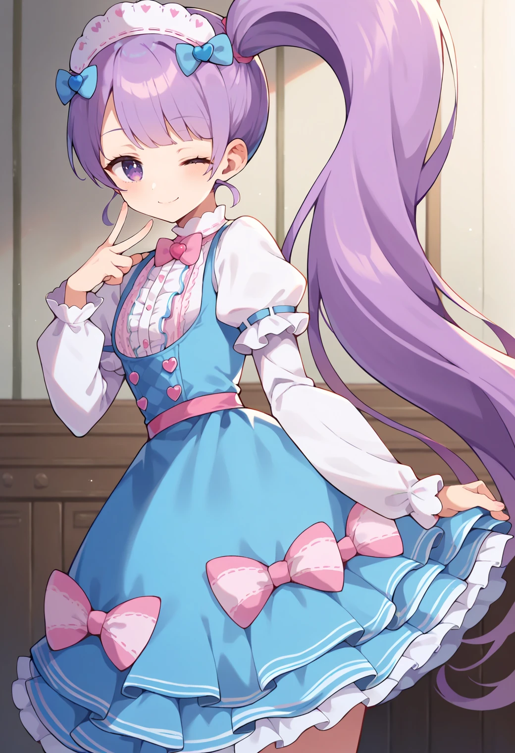 score_9, score_8_up, score_7_up, score_6_up, score_5_up, score_4_up, source_anime,
solo, 1girl, prinonb, side ponytail, very long hair, purple eyes,
blue dress, plaid, maid headdress, hair bow, blue bow, pink bow, puffy sleeves, long sleeves, ribbon trim,
looking at viewer, smile, closed mouth, half-closed eyes,
<lora:_manaka_non-elesico-pony-e12:0.9>