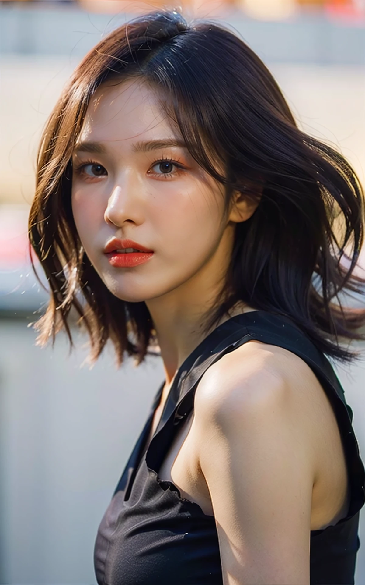 <lora:Wendy_V2:1>, (realistic), (hyperrealism), (photorealistic:1.4), 1girl, looking at the viewer, eye makeup, detailed eyes, detailed face, (upper body:1.2), detailed background, black dress, walking at the streets, sunset, (windy:1.2)