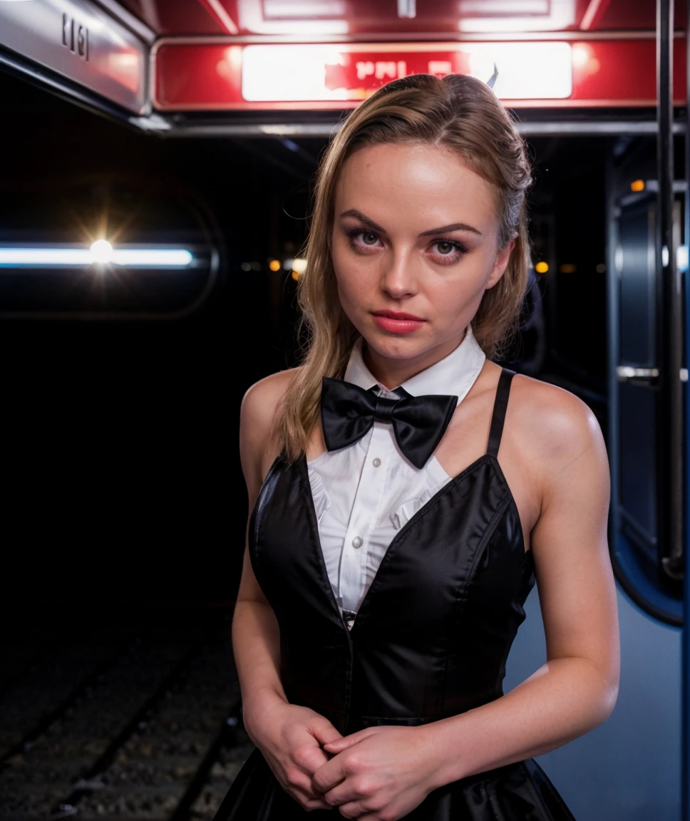 cinematic photo , <lora:quiron_SilviaSaintYoung_v1350_Lora:0.77> SilviasaintYoungQuiron, 1girl, realistic, lips, arms crossed ,  (night street)  , tuxedo, bowtie  dramatic showdown on a moving train: The climax of the film unfolds on a fast-moving train, featuring intense action sequences, narrow escapes, and breathtaking stunts,      . 35mm photograph, film, bokeh, professional, 4k, highly detailed