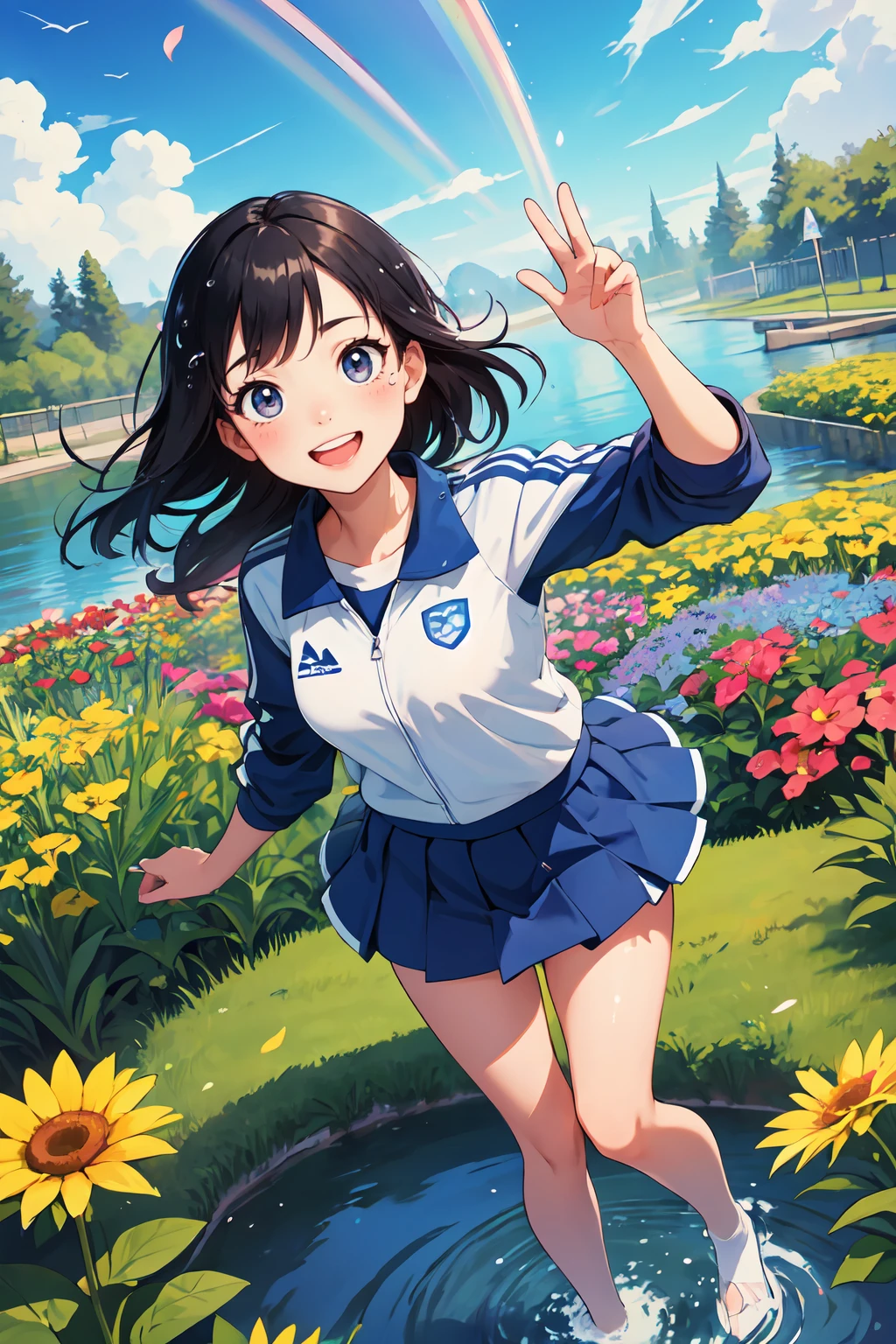 masterpiece,best quality,kawaii cute navy tracksuit 1girl in school flower garden,lots of waterdrops floating in air,rainbow in sky,cowboy shot,from above,vivid color, high contrast,bluesky,sun lighting,front lighting,mini skirt,flying petals,dynamic pose,joyful smile,water splashing from sprinklers on the ground,lively atmosphere, lively crowd of school girls,scenery,<lora:GoodHands-beta2:0.7>