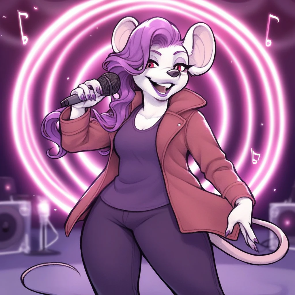 score_9, score_8_up, score_7_up, score_6_up, score_5_up, score_4_up, source_furry, rating_safe, <lora:Pomme_Rivals_of_Aether_PonyXL:0.8> pommeroa, pomme (rivals of aether), anthro, rat, white body, purple hair, side cut, red eyes, jacket, pants, shirt , mouse tail, black nose, detailed background, stage, purple lips, lipstick, athletic female, hands, 5 fingers, thick thighs, standing, smile, female, holding microphone, music, magic, microphone, singing,