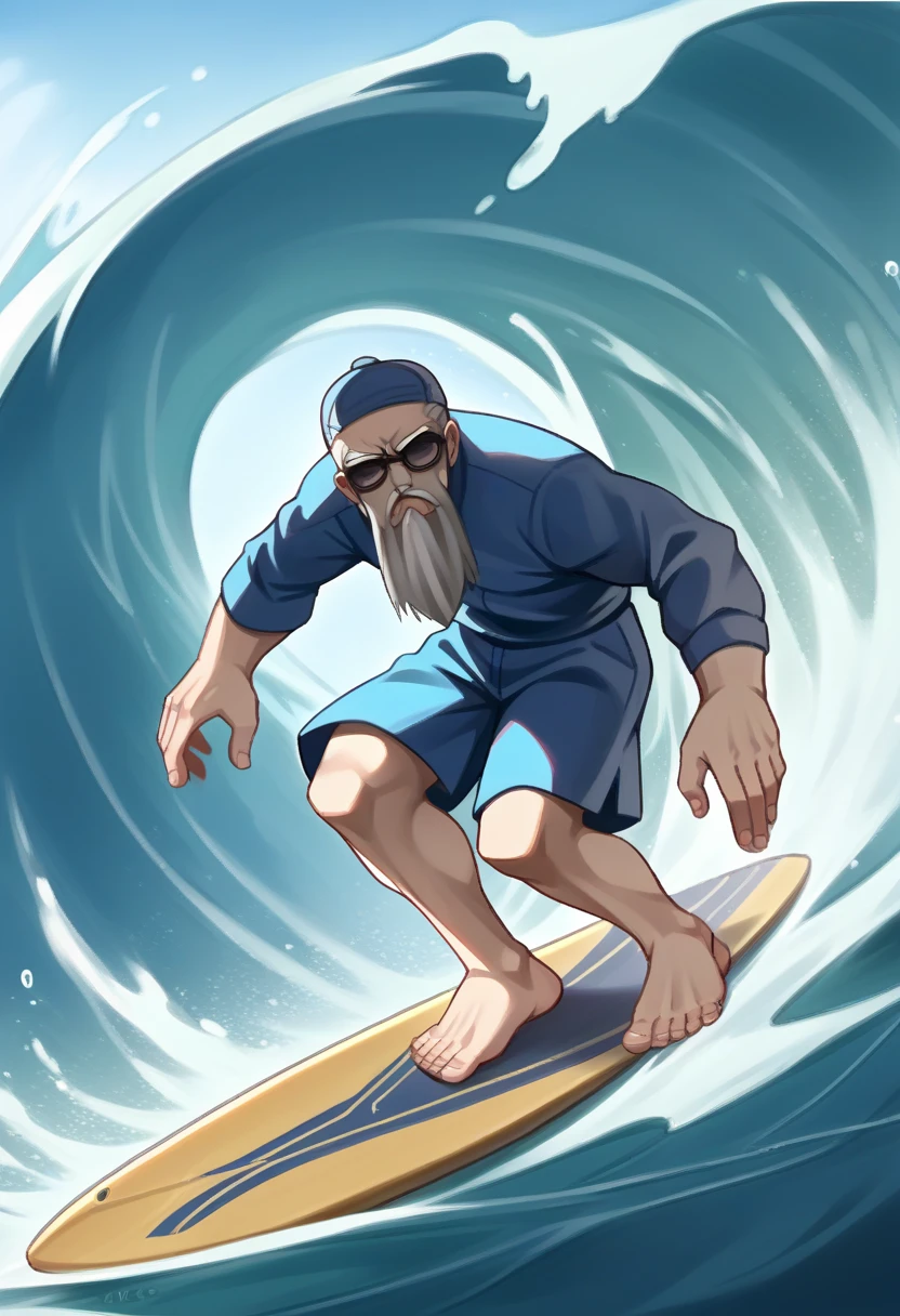 score_9, score_8_up, score_7_up, source_anime BREAK 1boy, solo,
<lora:zs_MidoXL:1> midosmt, grey hair, grey beard, facial hair, old man, blue hat, sunglasses, blue robe
<lora:Surfing_XLPD:1> incrssurfing, surfing, surfboard