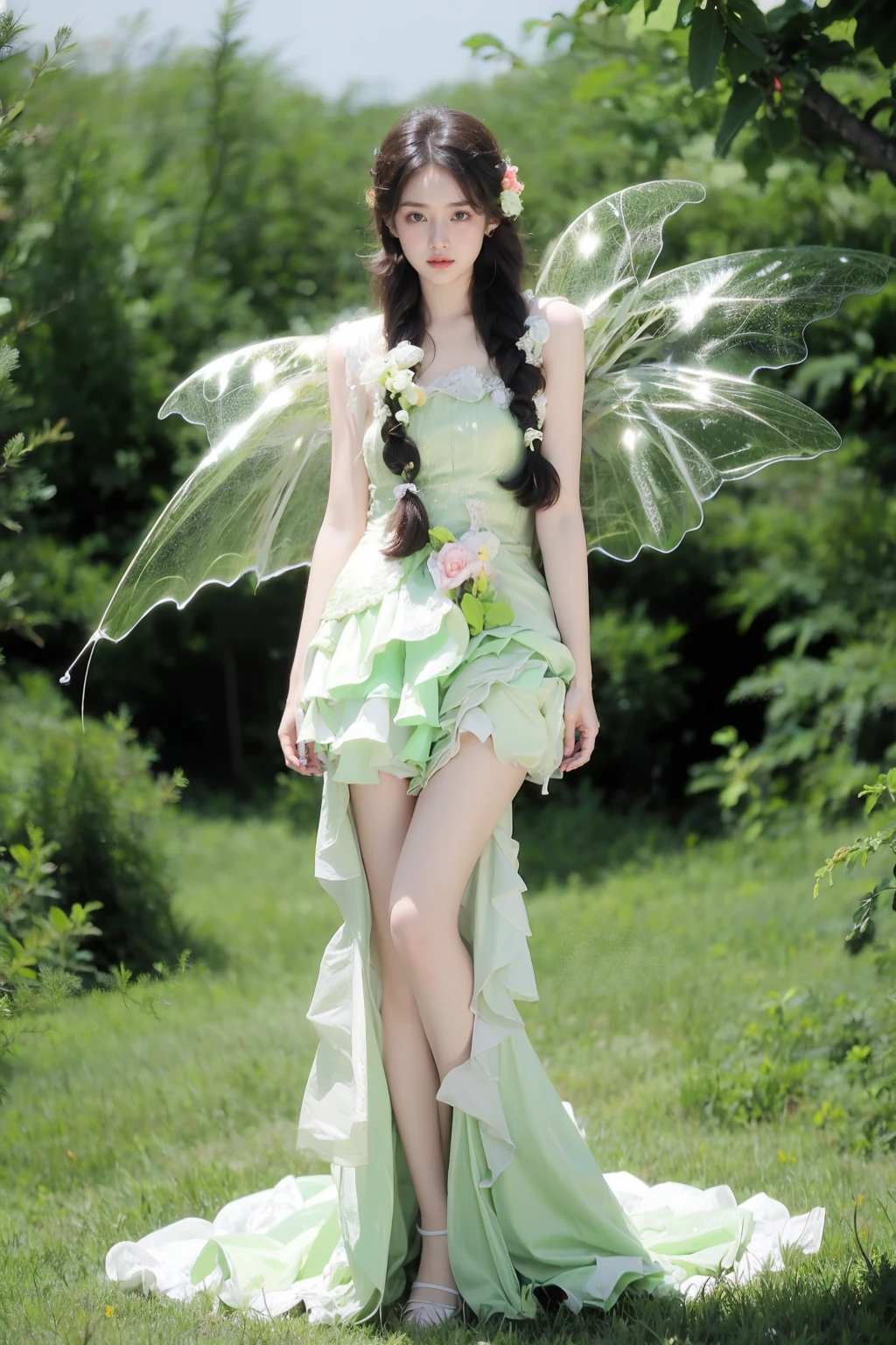 photorealistic,realistic,photography,masterpiece,best quality,ultra-detailed,extremely detailed,8k wallpaper,(reality: 1.4),1girl,solo, tall,hair flower,braid,full body,standing,arms lowered to the sides,long hair,black hair,hair ornament,long dress,plant,wings,leaf,leaf, flower shirt,green butterfly dress,thick frilled dress,fairy wings,green theme,fairy, <lora:JAY - GREEN BUTTERFLY DRESS:1>