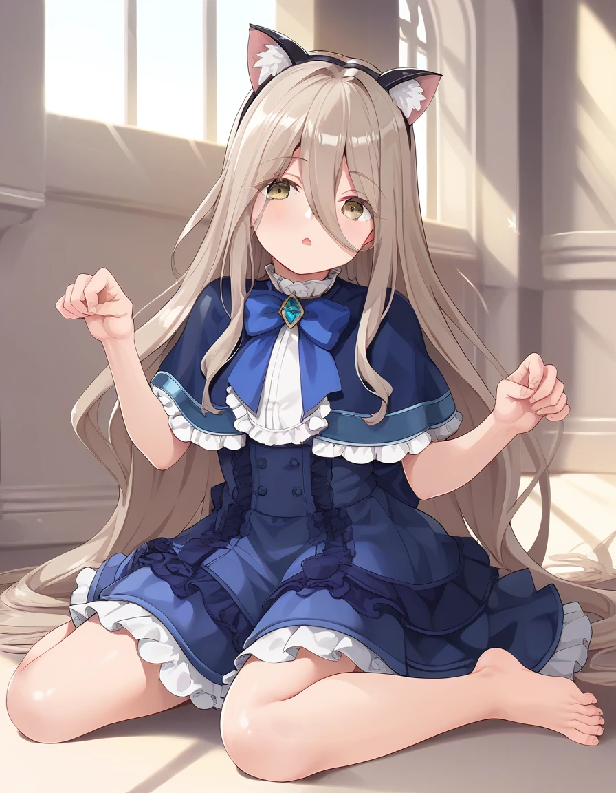 score_9, score_8_up, score_7_up,score_6_up,score_5_up,score_4_up, 1girl, sitting on the floor, paw pose, open mouth, fake cat ears,sunlight, castle, window
<lora:yosola_style_pony6_v3:1> <lora:sense_sousou no frieren_PONY_last:0.6> sense \(sousou no frieren\),brown eyes,very long hair,absurdly long hair,hair between eyes,eyes visible through hair, blue capelet,frilled dress,white long dress