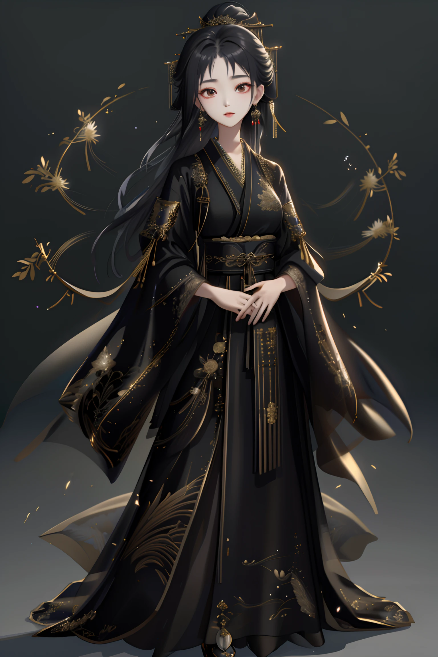 Highest quality,(full body photo: 1.3),Beautiful young woman wearing black hanfu,Translucent,silky,noble temperament,intricate gold embroidery on the clothes,dark background, 