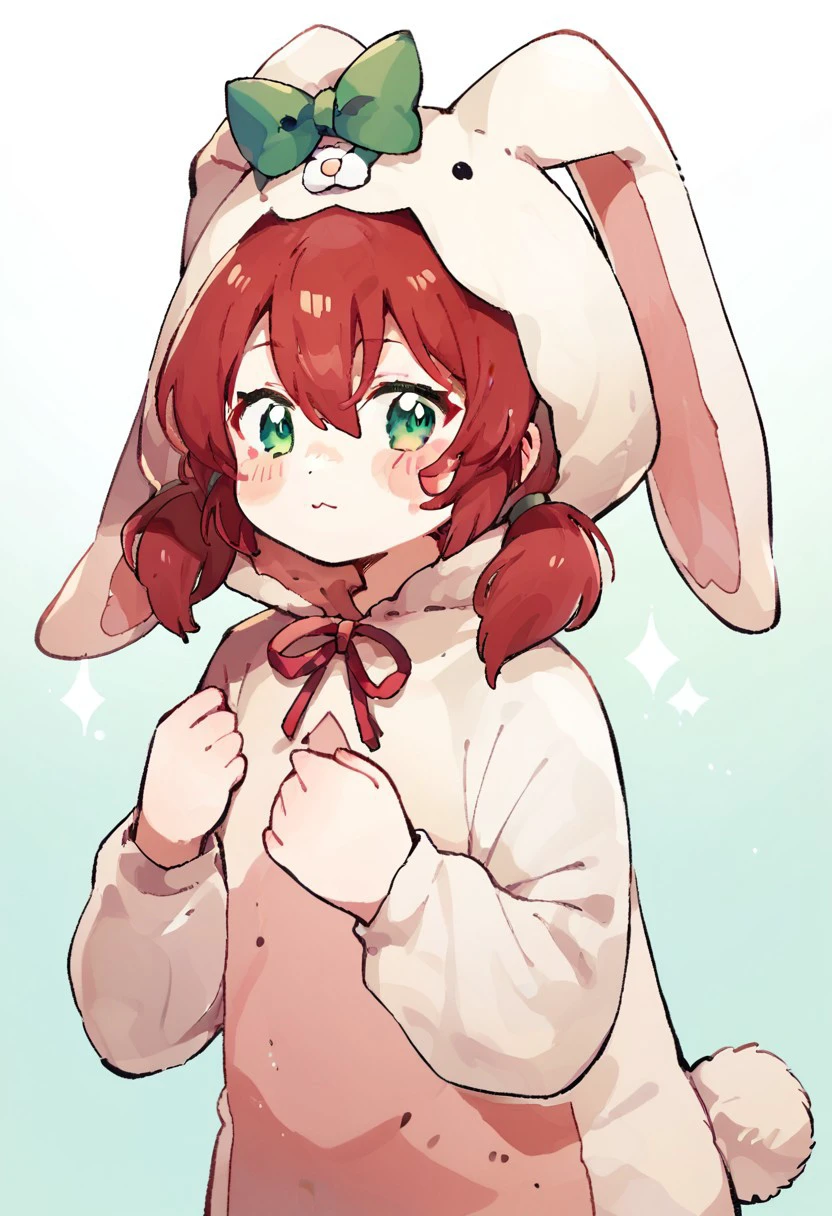 score_9, score_8_up, score_7_up, rabbit costume, twintails, barefoot, hair between eyes, green eyes, ribbon, blush stickers, upper body, red hair, medium hair