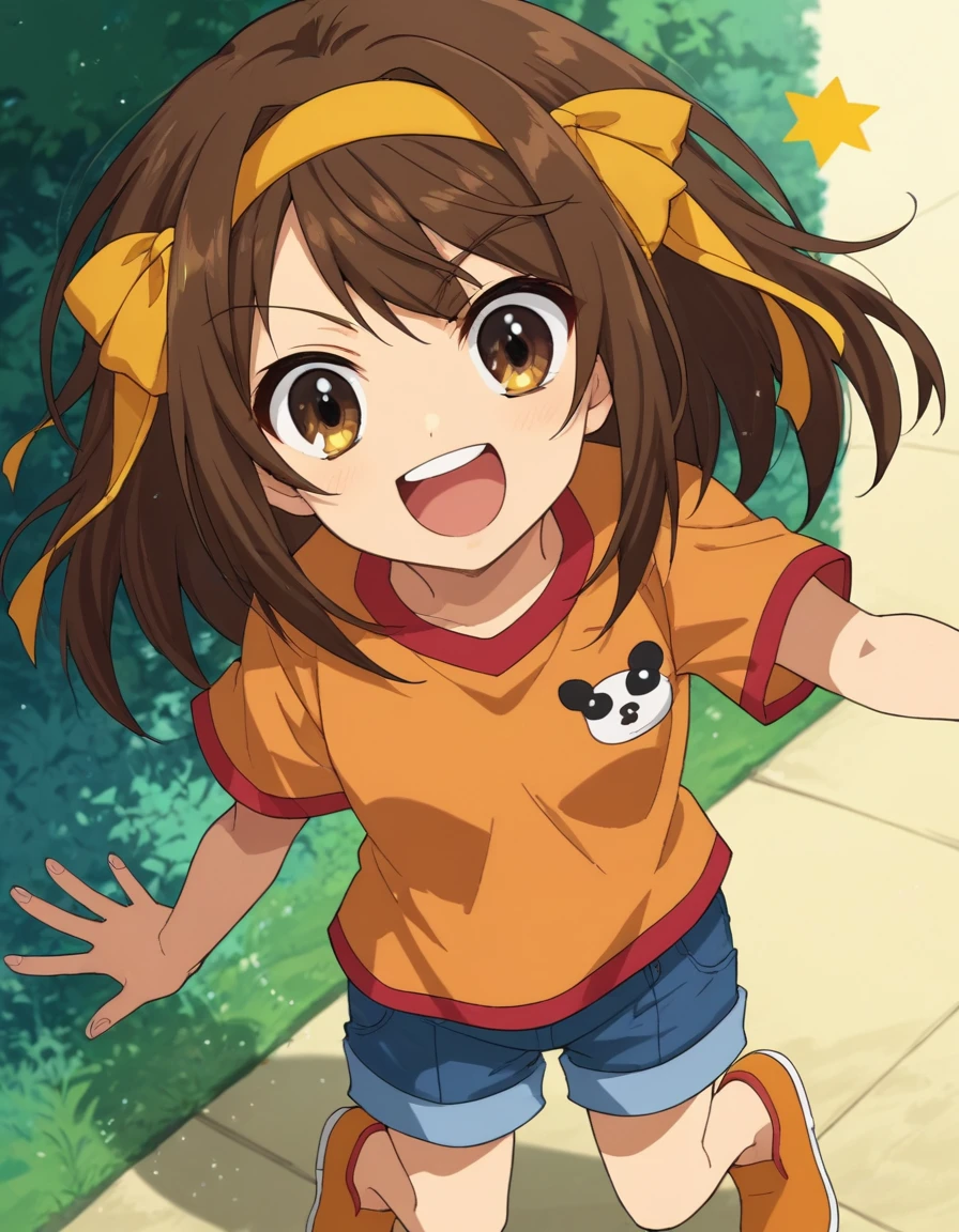 score_9, score_8_up, score_7_up, score_6_up, score_5_up, score_4_up, BREAK source_anime, anime screencap, <lora:HaruhiYXL-08:0.8> HaruhiYXL, 1girl, solo, orange shirt, denim, shorts, denim shorts, shirt, blue shorts, hairband, open mouth, ribbon, hair ribbon, casual, yellow ribbon, smile, teeth, yellow hairband, orange hairband, looking at viewer, bangs, orange footwear