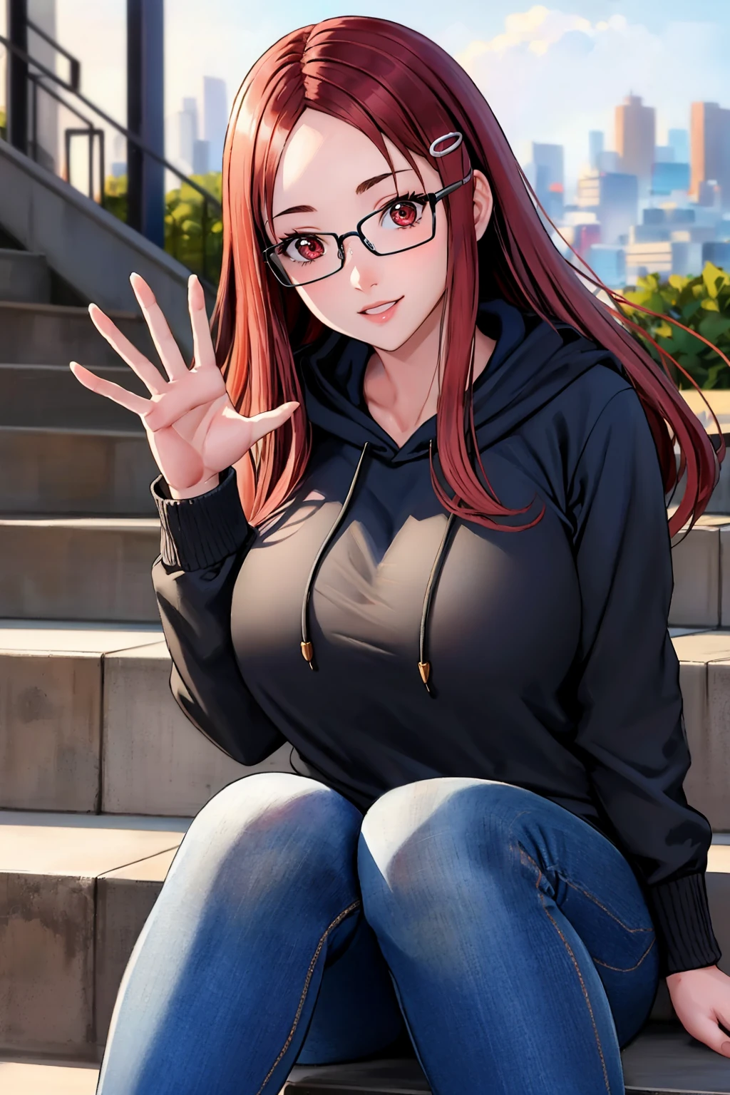 masterpiece, best quality, 1girl,   <lora:vc4minerva-nvwls-v1-000009:0.9> vc4minerva, hairclip, glasses, large breasts, black hoodie, sitting, jeans, smile, waving, city, stairs, looking at viewer,