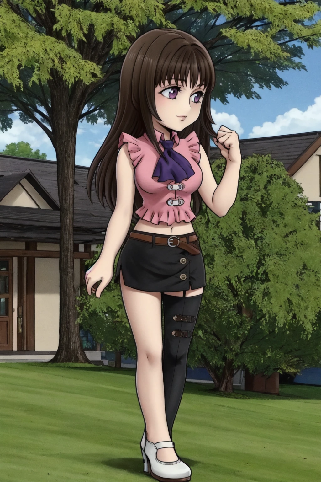 diane,1girl,solo,full body,purple eyes, brown hair, straight hair,long hair,black single thighhigh,single thighhigh, pink shirt, frilled short sleeves,crop top, blue ascot, (black skirt), miniskirt, salmon belt,smile, white buttons,white shoes,high heels,midriff, navel,blush,sidelocks,fighting stance,legs apart,tree, bush, stone road, building, grass, (best quality, masterpiece)   <lora:diane_v1:1><lora:dissidia_v1:1>