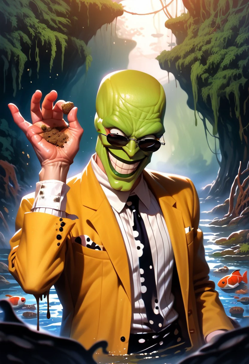 score_9, score_8, score_7, score_6, saltbae, saltbaememe, salt, sunglasses, \(The mask\), green skin, green face, yellow suit, smirk, wetland, swamp, dirt, food, fish, 1boy, solo, crazy eyes, wicked grin, psychopath, colorful, upper body,