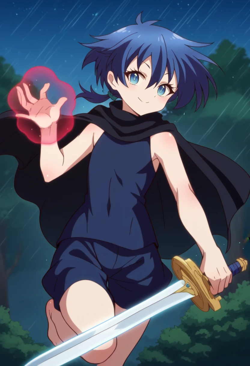 score_9, score_8_up, score_7_up, source_anime BREAK  looking at viewer, solo, 1girl, cowboy shot, 
<lora:LloydDwnstyPdxl:1>, lloyd_dress, blue eyes, blue hair, short hair, low ponytail, hair between eyes, sleeveless dress, blue bodysuit, hip vent, turtleneck, flat chest, flying, black cloak, black jacket, 
evil smile, midair, flying, leg up, holding sword, magic,
outdoors, forest, rain, nature, starry sky,  moonlight,
 <lora:7thPrinzIsekaiDwnstyArtstyle:1>