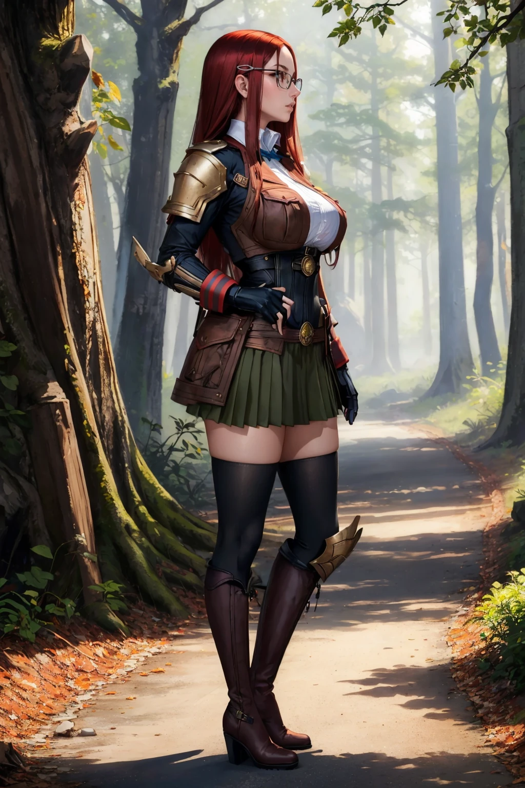 masterpiece, best quality, 1girl,   <lora:vc4minerva-nvwls-v1-000009:0.9> vc4minerva, hairclip, glasses, brown jacket, uniform, shoulder pads, armor, fingerless gloves, green miniskirt, black thighhighs, knee pads, brown boots, large breasts, (huge breasts:0.8), profile, serious, night, forest