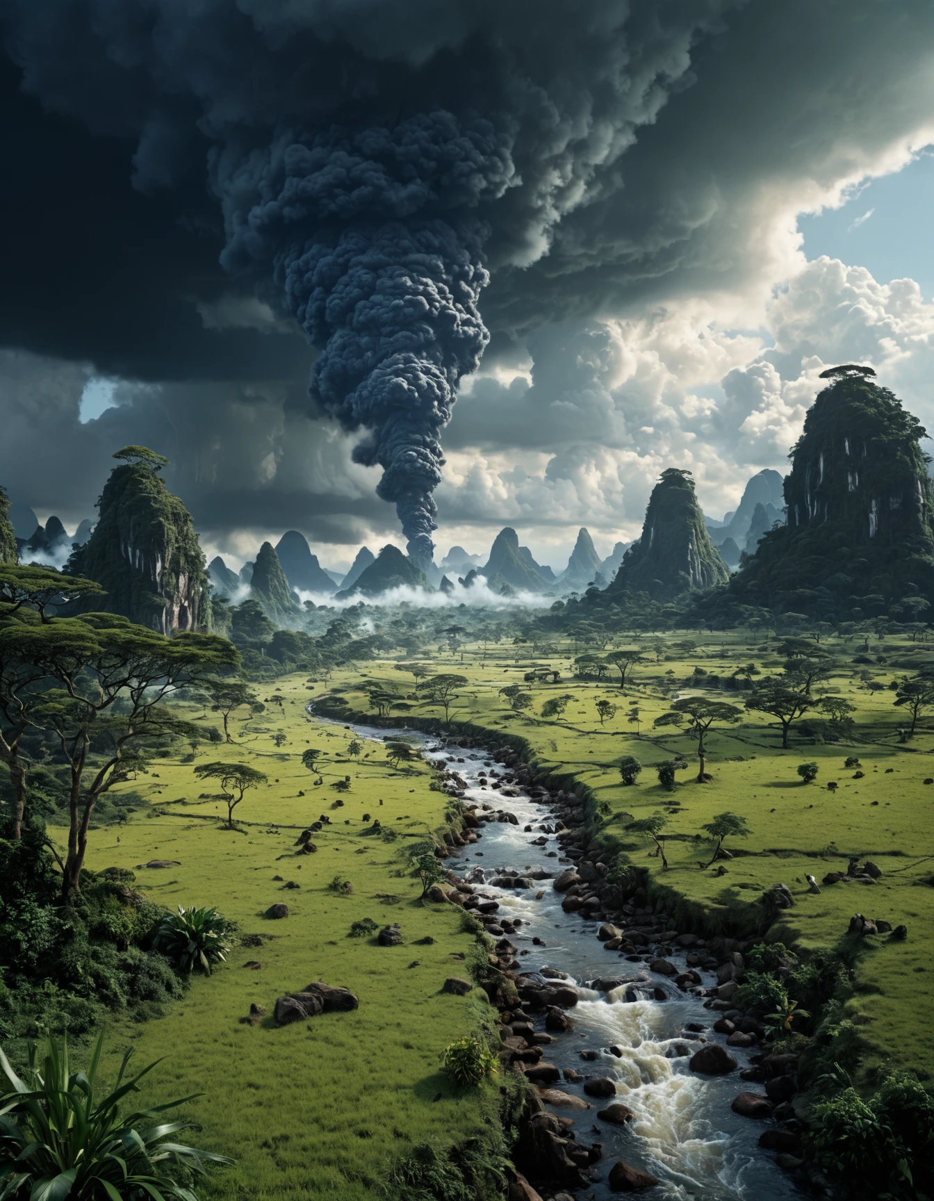 highly detailed and hyper realistic photo, by martin parr, Dan Hecho , a breathtaking otherworldly landscape panorama from the avatar , limited dark palette, monochrome, faded, atmospheric haze, highly dramatic cinematic lighting, motion blur, film grain, professional, excellent composition, finest details, maximized details, ultimate detail level, masterpiece, best quality, ISO 300, 1/250s, F/2,8, 38 mm, extremely high quality RAW photograph, 4k, sharp focus, high resolution, 8k UHD, DSLR, high quality, film grain, Fujifilm XT3