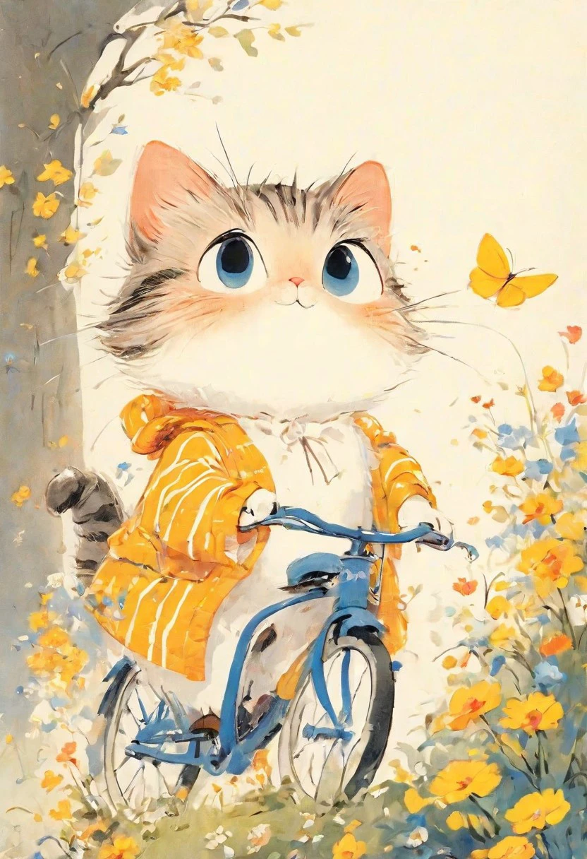 In a whimsical scene, pleasantly warm, narrative film, an orange-striped cat with striking blue eyes is riding a bike. Dressed in a vibrant yellow and blue flowered robe