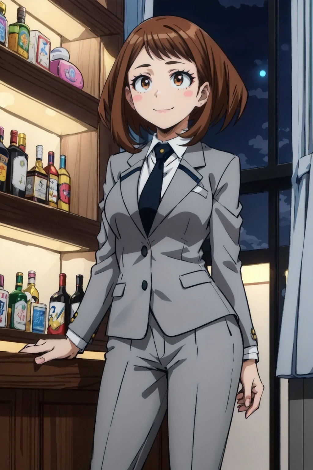 uraraka ochako, 1girl, brown hair, brown eyes,short hair, sitting,(grey suit, grey blazer), grey pants, black necktie,white collared shirt, bar, shelf, neon lights,night,contrapposto,smile, blush stickers,(8k,4k,masterpiece, best quality, finely detail,manga) <lora:ochako_v1:1>