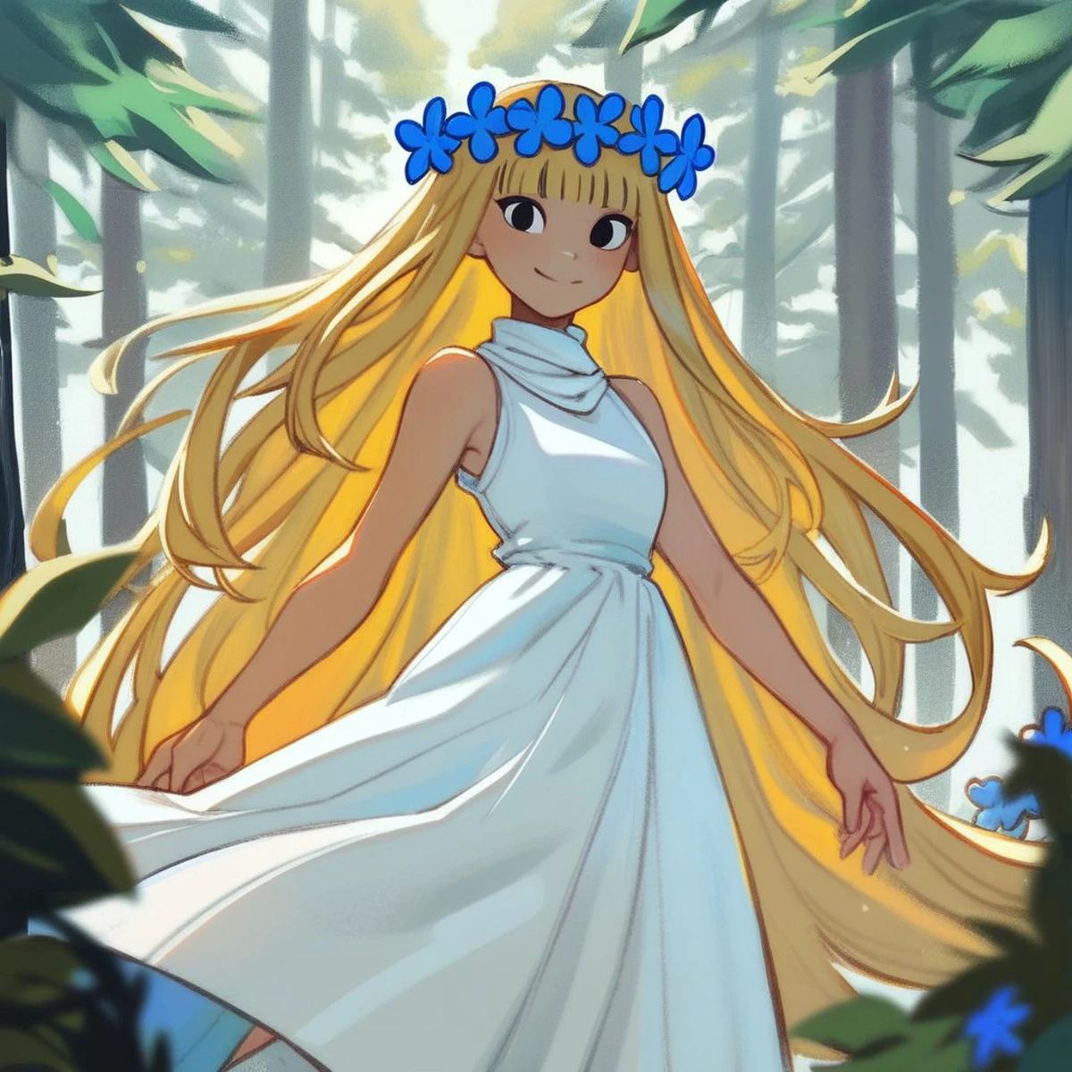 1girl, score_9, score_8_up, score_7_up BREAK amalka, long blonde hair, blunt bangs, black eyes, blue flower crown, white scarf, long white sleeveless dress, cowboy shot, forest background, smiling at viewer, closeup, mlmnr style,