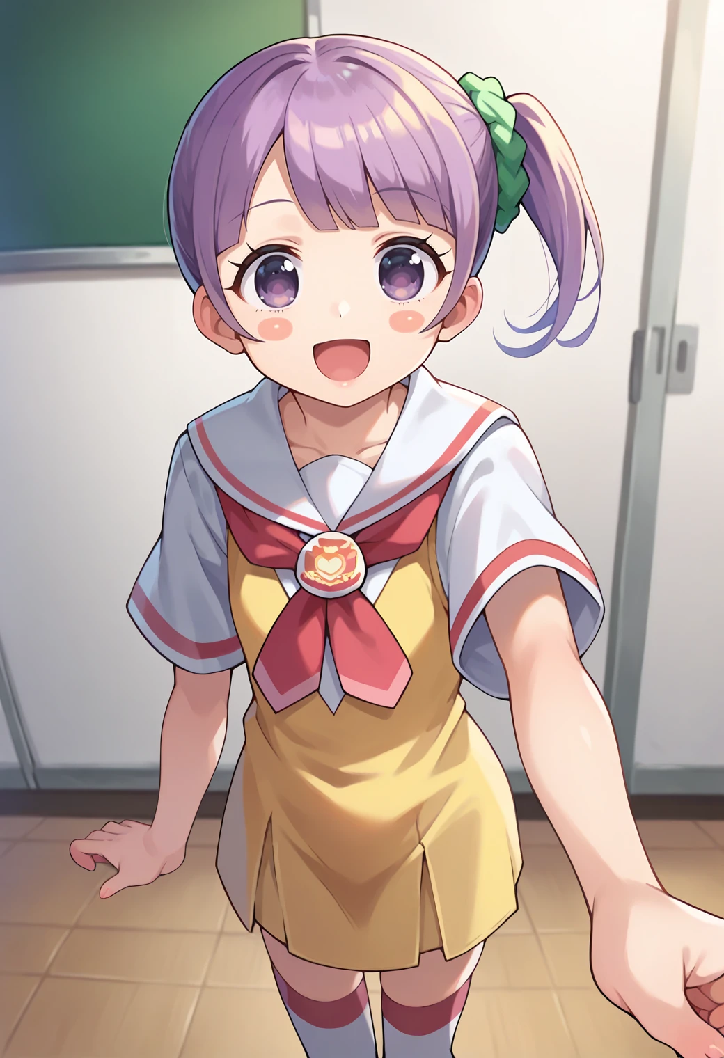 score_9, score_8_up, score_7_up, score_6_up, score_5_up, score_4_up, source_anime,
defnonb, side ponytail, hair scrunchie, blush stickers,
school uniform, yellow dress, white sailor collar, short sleeves, thighhighs, striped,
looking at viewer, smile, open mouth,
<lora:_manaka_non-elesico-pony-e12:0.9>