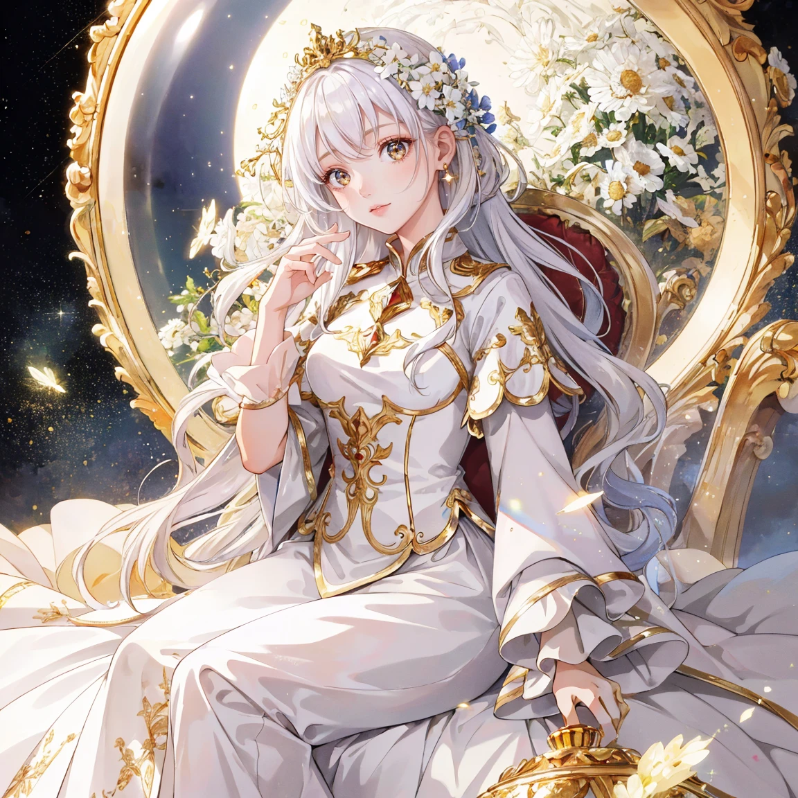 Masterpiece, best quality, highest quality, super detailed, extremely detailed, minute details, photorealistic, ultra high definition, super high resolution, soft and clean focus
1girl, gold light particles effect, white hair. Golden eyes. A white dress embroidered with sparkling blue stars. Fine wavy hair. The girl is sitting inside a glass globe. The glass globe is placed on top of a field of white flowers. In the background of the globe is the Milky Way and the sparkling light of fireflies. In the background is the Milky Way.