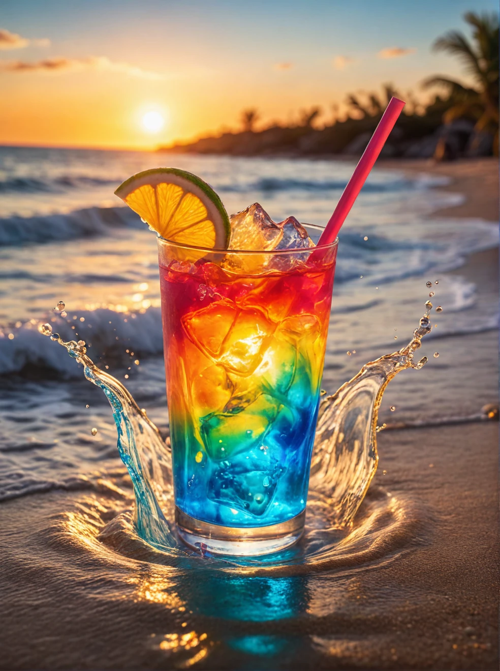 vibrant glowing beach drink,in the style of a product hero shot in motion,dynamic,splash of color