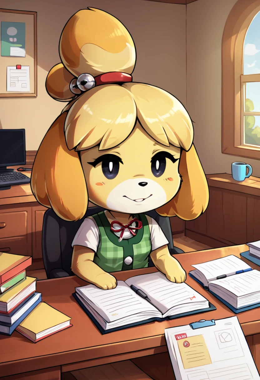 score_9, score_8_up, score_8,    <lora:Shizue_for_PonyXl:0.8> 1girl, dog girl, shizubelle, animal ears, furry female, blonde hair, tail, black eyes, topknot, Isabelle, living room, desk, paperwork, window