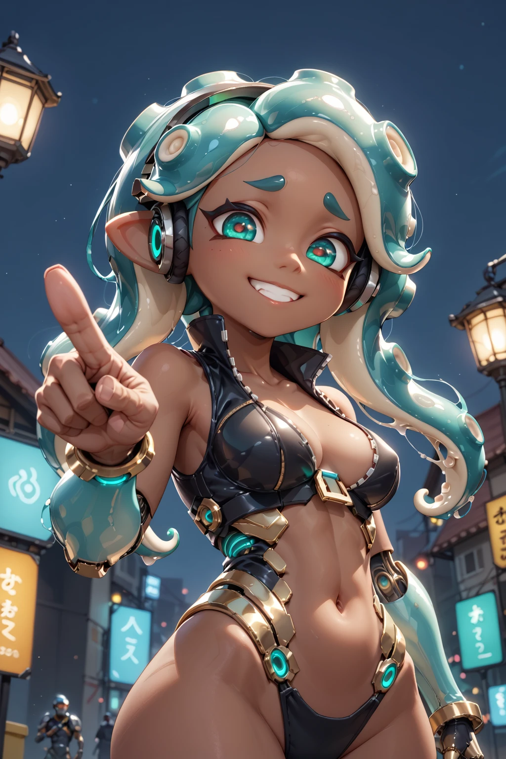 cinematic film still score_9, score_8_up, score_7_up, BREAK, 1girl, <lora:SciFi-Outfit-PDXL:1.3> scifioutfit, marina \(splatoon\), smile, looking at viewer, from below, long hair, blue hair, (pointing at viewer), . shallow depth of field, vignette, highly detailed, high budget, bokeh, cinemascope, moody, epic, gorgeous, film grain, grainy