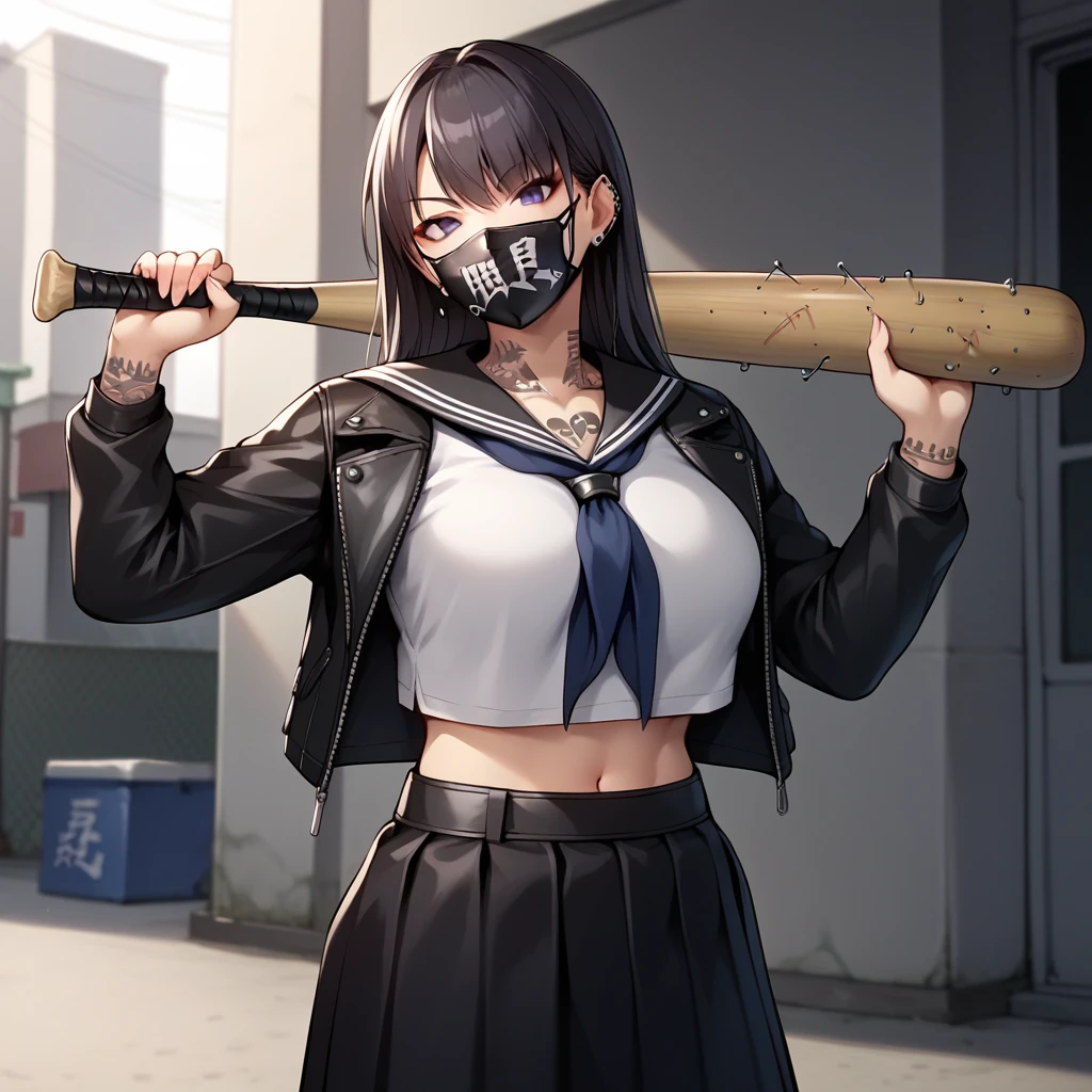 score_9,score_8_up,score_7_up,score_6_up,source_anime,rating_questionable, 1girl, solo, urban setting, cowboy shot <lora:Sukeban__Delinquent_Girl_Outfit:0.8> sukeban, serafuku,baseball bat, leather jacket, face mask, tattoos, long skirt,, zPDXL2,