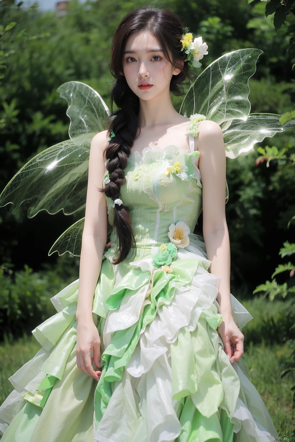 photorealistic,realistic,photography,masterpiece,best quality,ultra-detailed,extremely detailed,8k wallpaper,(reality: 1.4),1girl,solo, tall,hair flower,braid,full body,standing,arms lowered to the sides,long hair,black hair,hair bun,hair ornament,long dress,plant,leaf, flower shirt,wide dress bottom,green butterfly dress,thick frilled dress,fairy wings,green theme,fairy, <lora:JAY - GREEN BUTTERFLY DRESS:0.9>