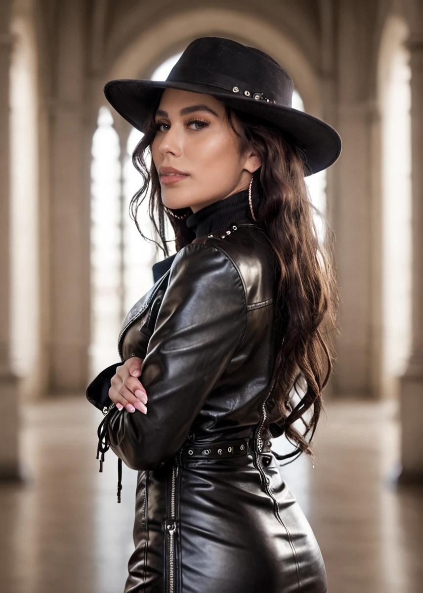 score_9, score_8_up, score_7_up, A captivating masterpiece, photo, realistic, 1 woman, (leather dress with turtleneck:1.2, jacket, hat), half body, sideways from behind, looking at the viewer, studio lighting, background blurred, 8k,<lora:MS_JenaLaRose_V1_Pony:0.8>, elegant, ornate clothing, high contrast, dramatic shadows, mysterious, cinematic,,