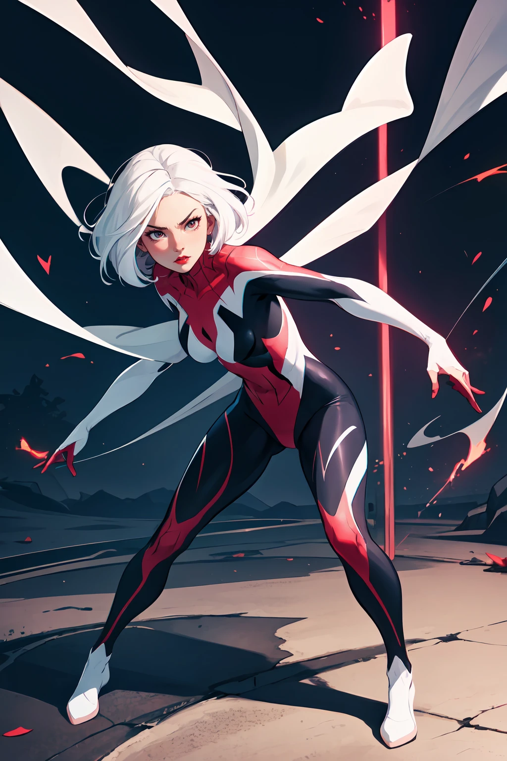 masterpiece, best quality, 1girl, full body, action scene, dynamic pose, spider gwen, white hair, Cute Loose Bob hairstyle, red lips, small breasts, toned, dramatic lighting,scenery,<lora:GoodHands-beta2:1>