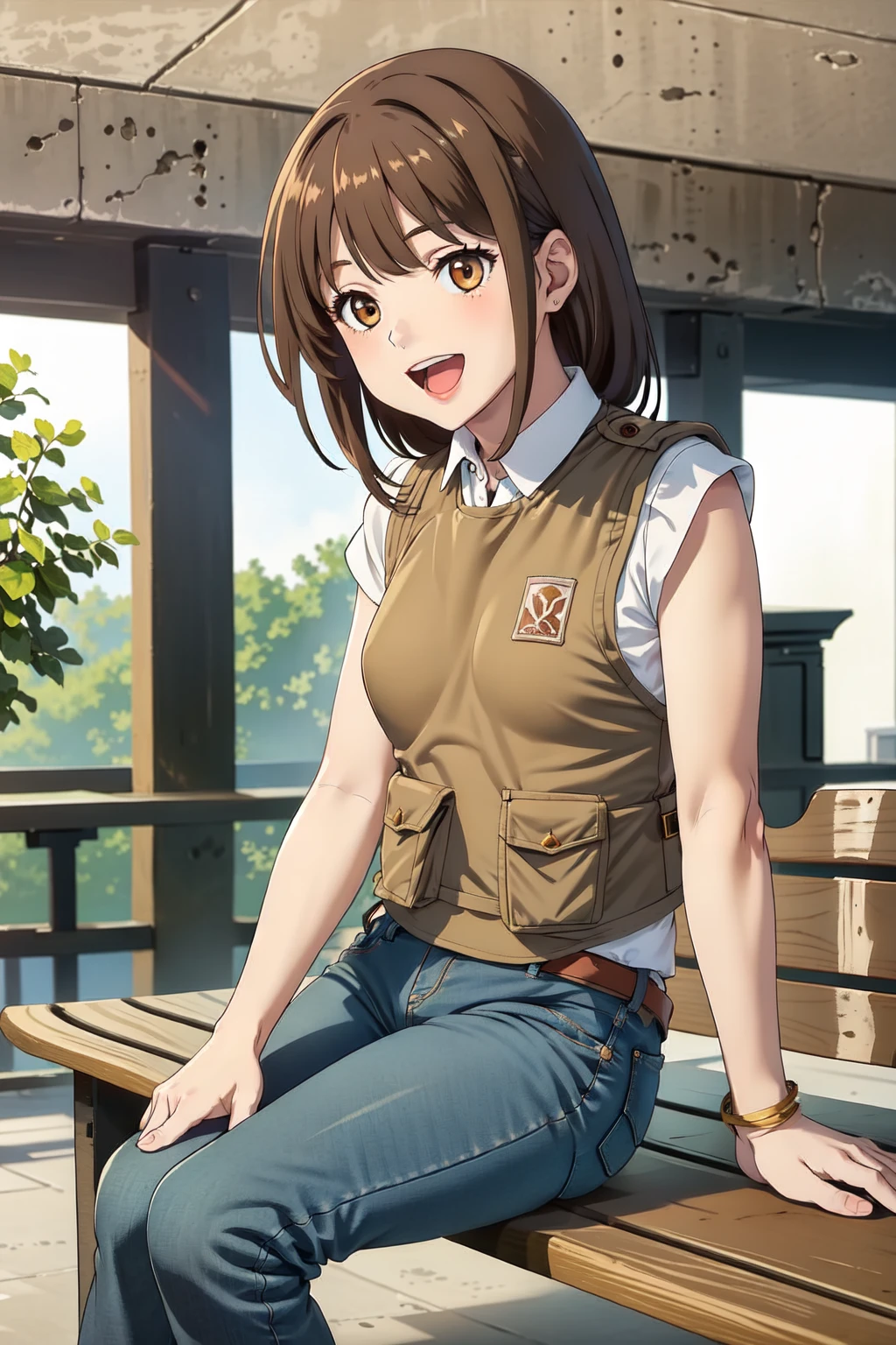 masterpiece,best quality,1girl,brown hair,sitting on bench,coldwarvest,jeans,happy,:d,indoors,concrete,mature female, <lora:coldwarvest:0.75>, small breasts