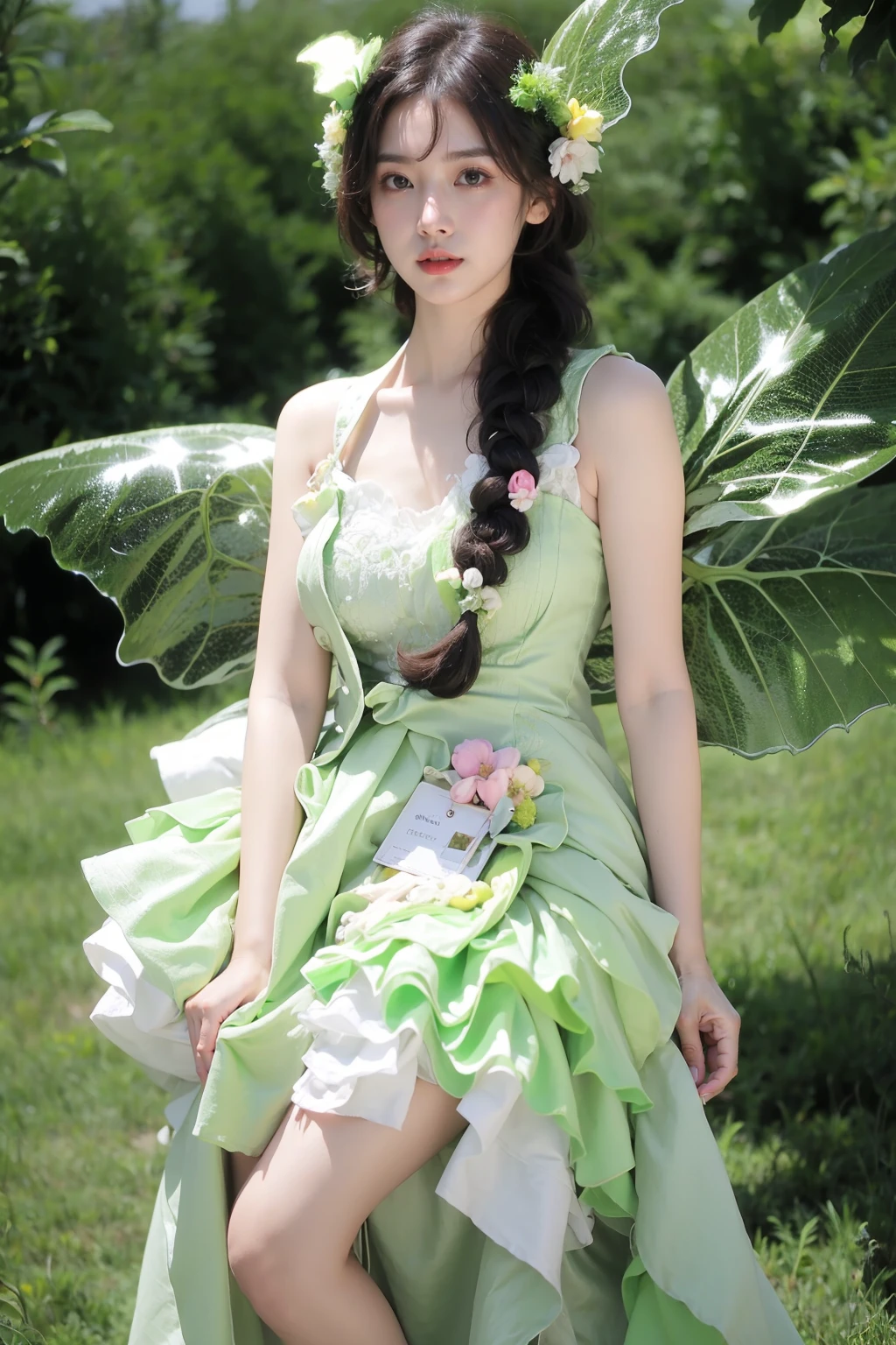 photorealistic,realistic,photography,masterpiece,best quality,ultra-detailed,extremely detailed,8k wallpaper,(reality: 1.4),1girl,solo, tall,hair flower,braid,full body,standing,arms lowered to the sides,long hair,black hair,hair bun,hair ornament,long dress,plant,leaf, flower shirt,wide dress bottom,green butterfly dress,thick frilled dress,fairy wings,green theme,fairy, <lora:JAY - GREEN BUTTERFLY DRESS:0.9>