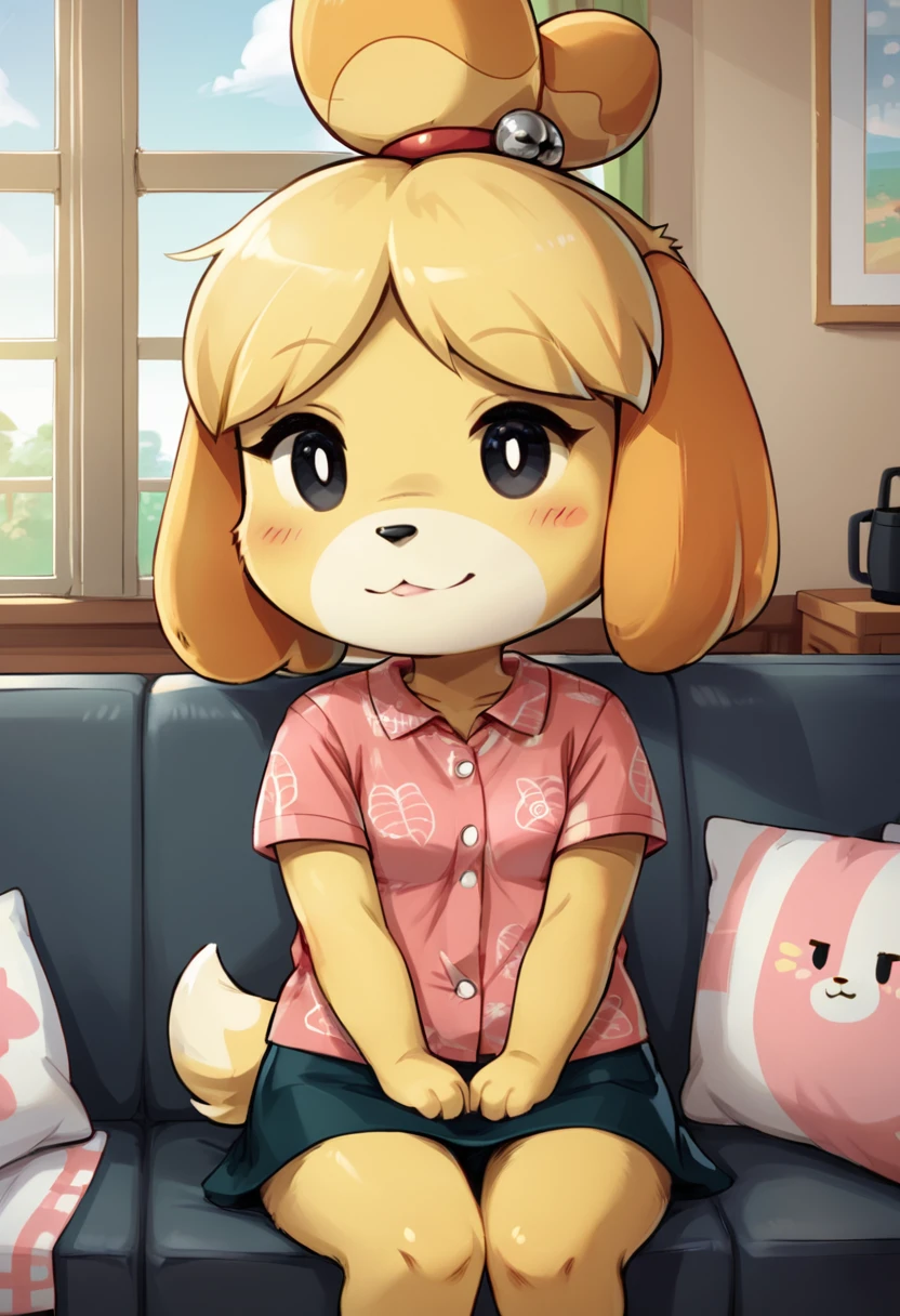 score_9, score_8_up, score_8,    <lora:Shizue_for_PonyXl:0.8> 1girl, dog girl, shizubelle, animal ears, furry female, blonde hair, tail, black eyes, topknot, shirt, skirt, sitting on couch, living room, window,