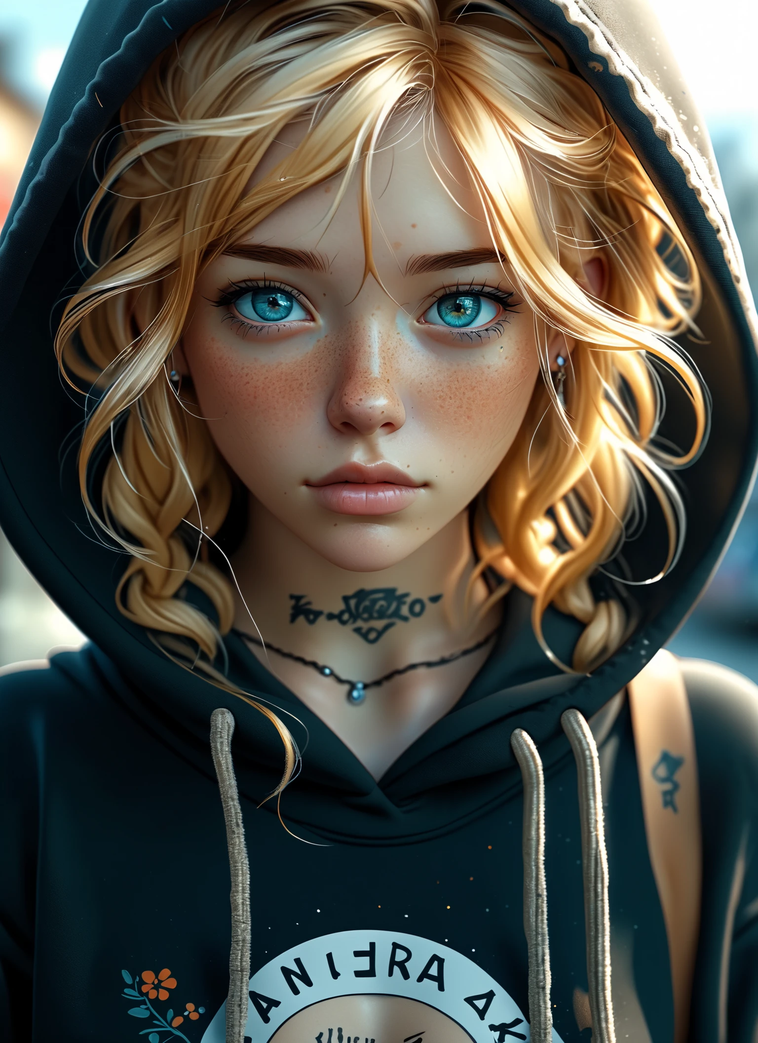 Medium format photography, Anime girl digital artwork, A woman in her 20s, looking at the camera, she has freckles, blue eyes, she has Lush blonde hair, tattoos on neck, wearing a black hoodie, highly detailed, best quality, 8k uhd, Nikon 70d, ISO200, F/2.8, 1/25sec, 70mm <lora:Image Enhancer XL Extreme v2:1>