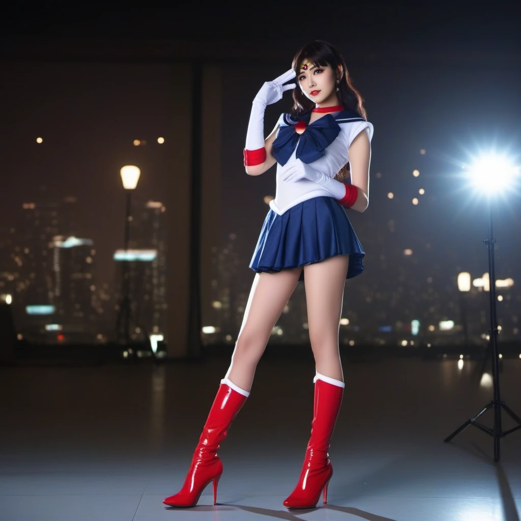 cinematic photo  1girl, sailor senshi uniform, skirt, sailor collar, gloves, high heels boots <lora:SailorMoonStyle1024:0.8> . 35mm photograph, film, bokeh, professional, 4k, highly detailed