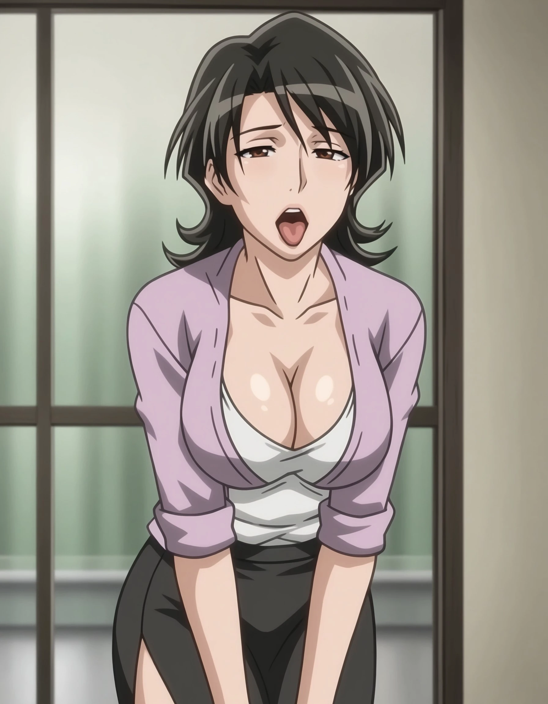 anime coloring, anime, anime screencap, animated, speed lines, masaemilf, 1girl, mature female, brown eyes, eye reflection, medium hair, black hair, perfect face, half closed eyes, beautiful, sexy, shiny skin, medium breasts, purple open cardigan, white undershirt, cleavage, black straight skirt, tight straight skirt, standing, half closed eyes, looking at viewer, lips, ahegao, tongue out, eyes rolled up, <lora:764662eb-2bd8-4f45-9ad1-9cc639272b8c:0.6>