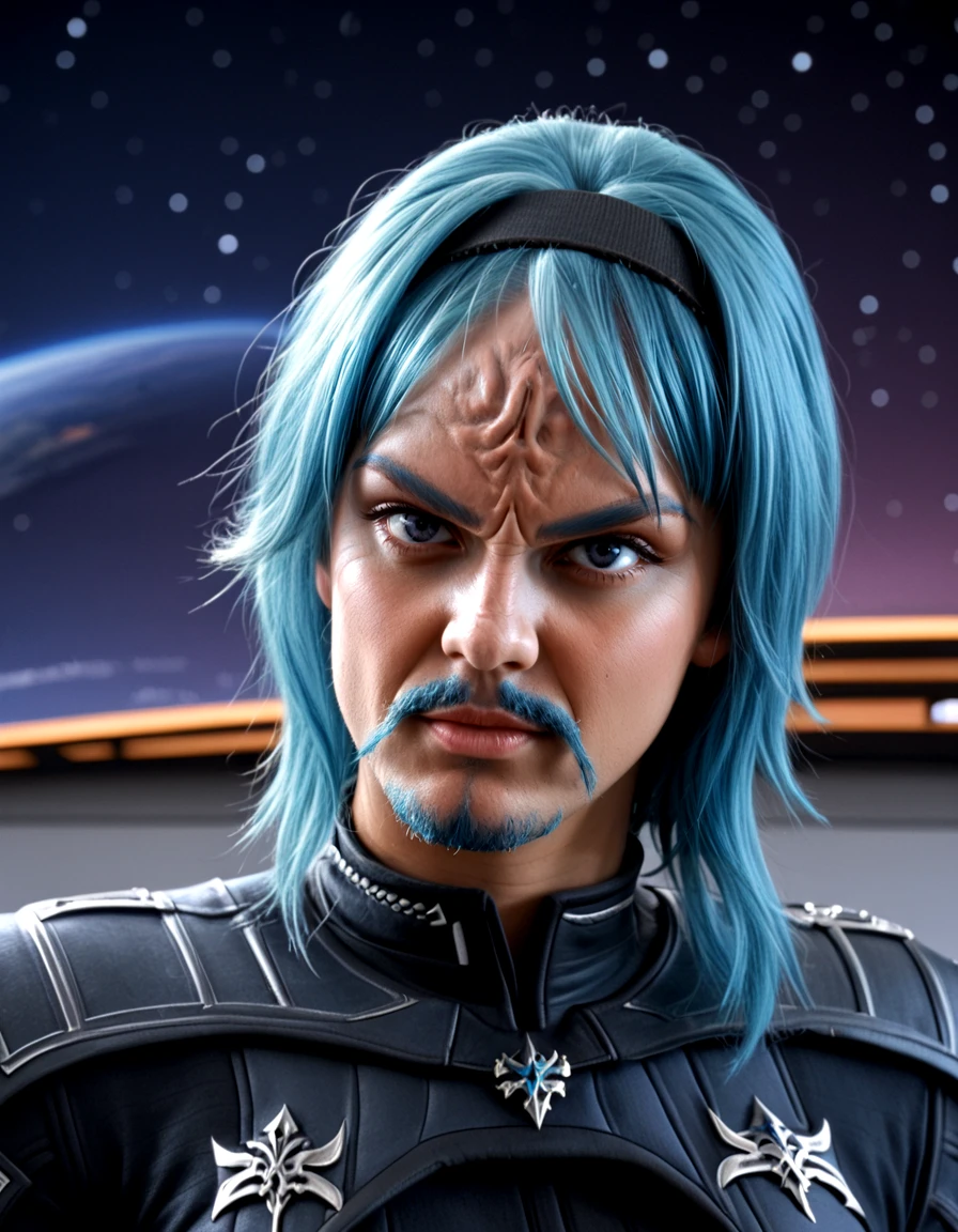 female klingon,((eula)),solo,blue hair,
((blue facial hair)), blue mustache, black hairband,
heroic pose,thick blue eyebrows,
spaceship background,
<lora:klingon:0.9>