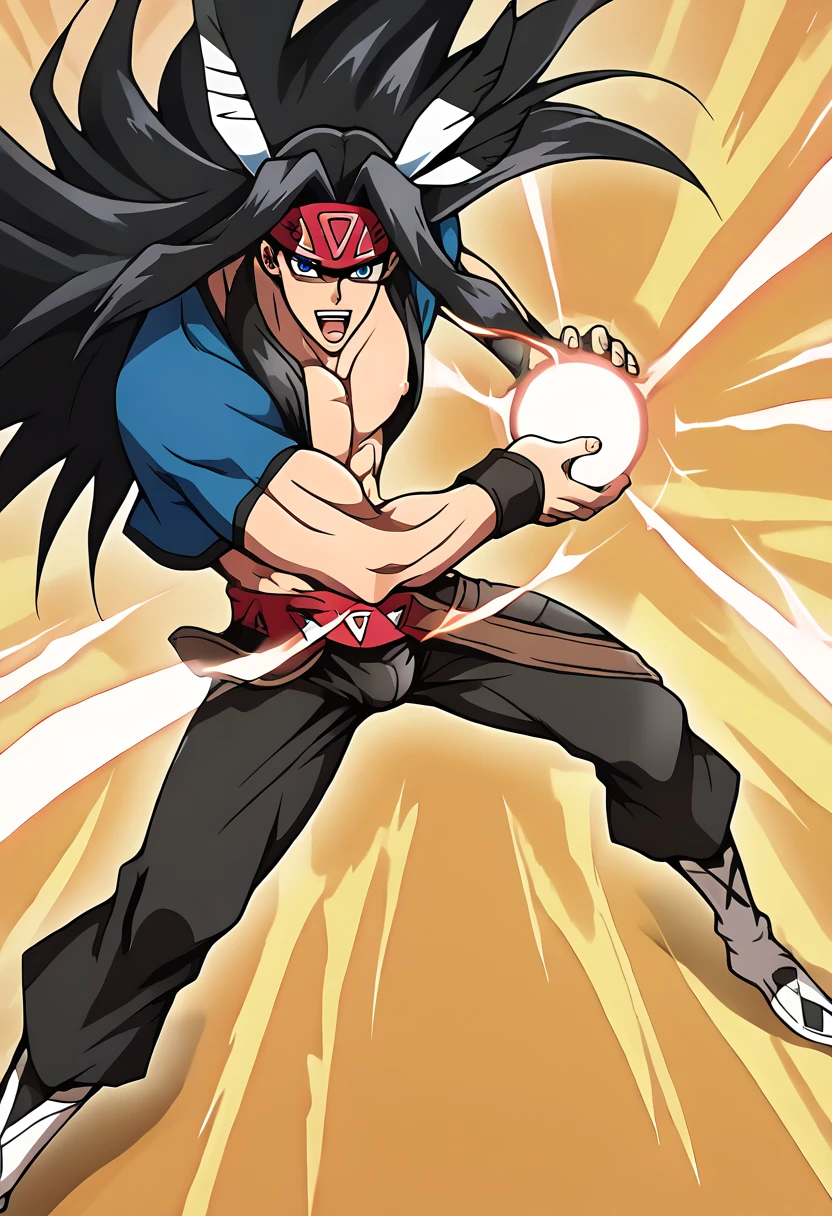 source_anime,
(muscular), muscular male, 1man, solo,
(abs), male nipples,
[large pectorals|big pecs], [hyper|hyper muscles], narrow waist,
BLACK hair, very long hair,
shrap BLUE eyes, looking at viewer, open mouth,
tight compression [briefs|thong|posing trunks], bulge, black leather,
tight open vest,
muscular legs,
red headband,
golden aura, 
<lora:Silva_sk21:1.0> silva_sk21,
<lora:kamehameha charge stance:1> energy ball, kamehameha charge stance, fighting stance