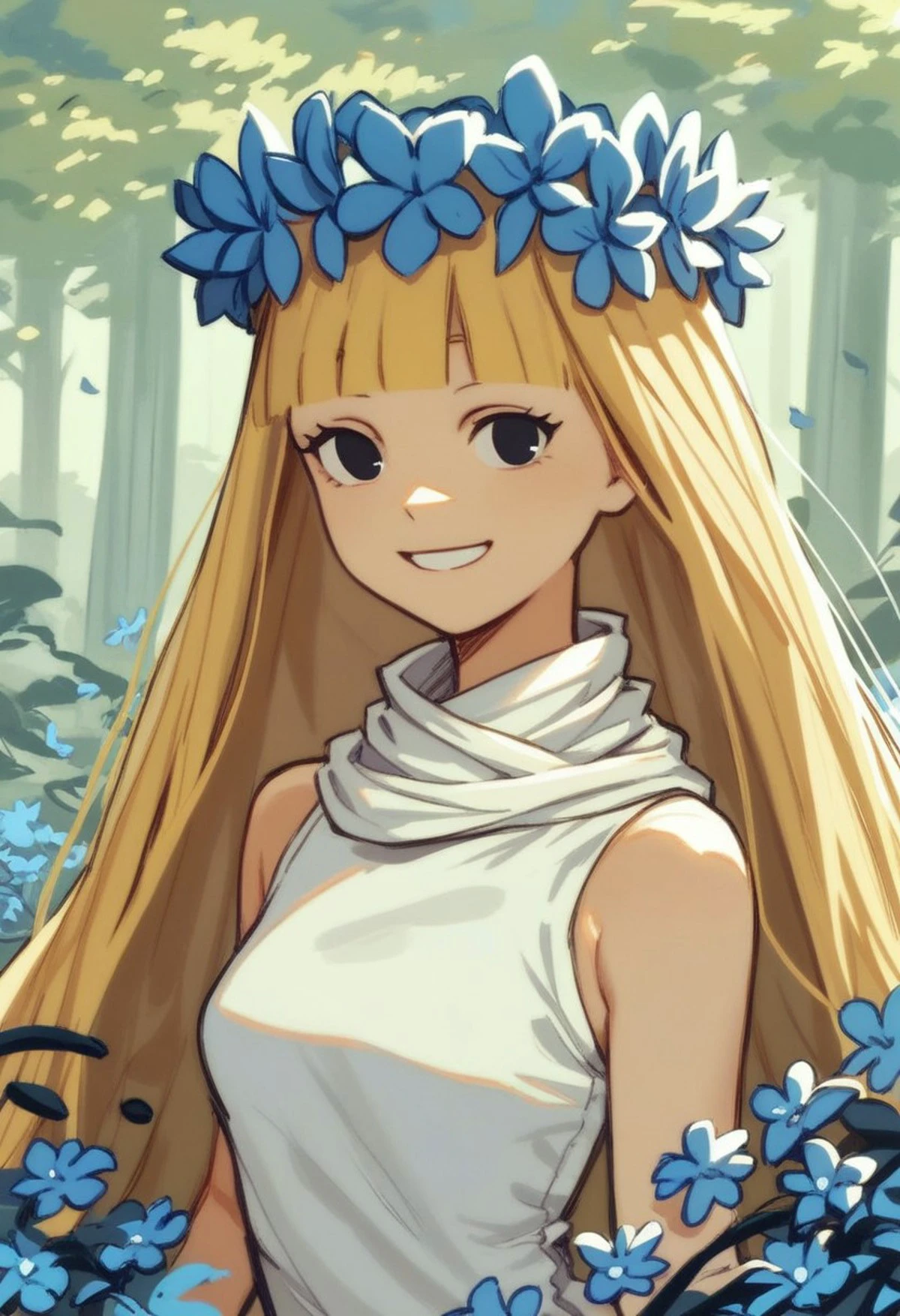 1girl, score_9, score_8_up, score_7_up BREAK amalka, long blonde hair, blunt bangs, black eyes, blue flower crown, white scarf, long white sleeveless dress, cartoon, 2d, forest background, smiling at viewer, Mar1lyn_pos3,