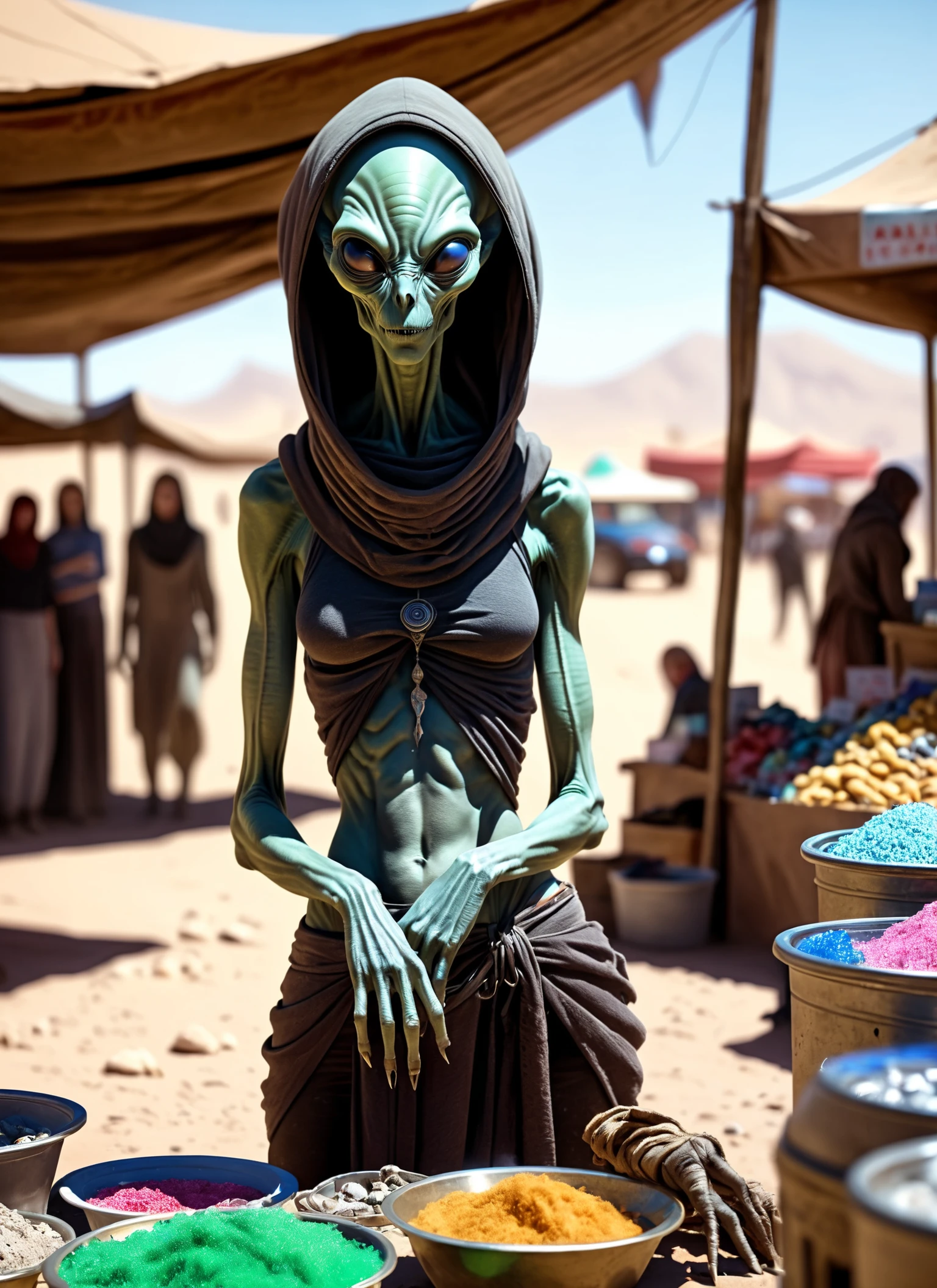 (Intriguing female alien vendor in desert:1.3), Centralized scene, Concealing hood, (Sharp piercing eyes:1.2), Tall and lean, Selling captive alien creatures, pay the bill, (Realistic textures:1.2), Dusty market stalls, Tense atmosphere, Bright sunlight