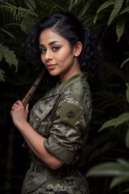 DEN_jayyqueen_OF,
(a (soldier:1.1) in the jungle on manoeuvrers wearing (army fatigues:1.2) and holding a rifle, (camouflage:1.2), military, uniform, military, camouflage uniform:1.2),
bokeh, f1.4, 40mm, photorealistic, raw, 8k, textured skin, skin pores, intricate details <lora:epi_noiseoffset2:1>, epiCRealism <lora:ClothingAdjuster3:-1>