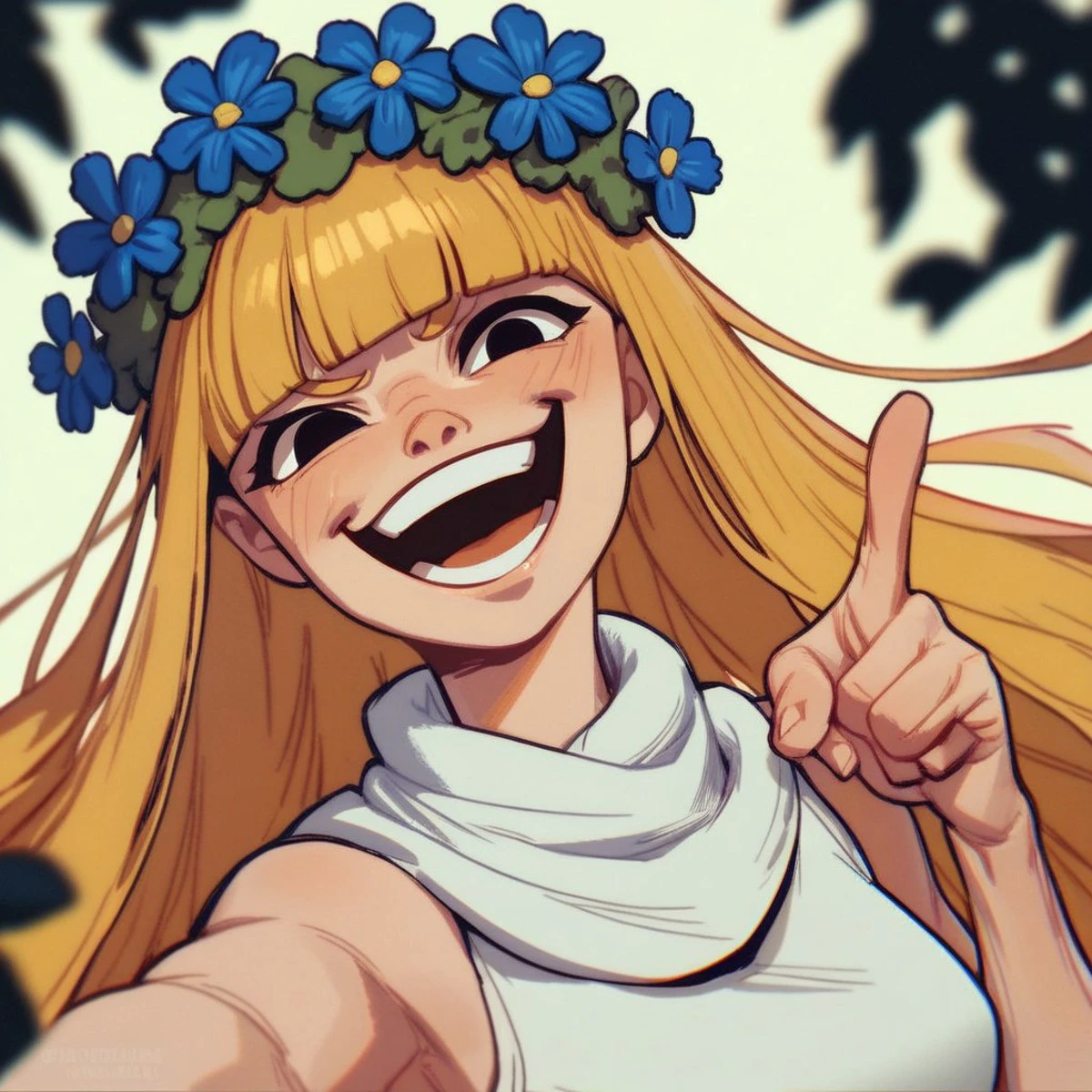 1girl, score_9, score_8_up, score_7_up BREAK amalka, long blonde hair, blunt bangs, black eyes, blue flower crown, white scarf, long white sleeveless dress, cartoon, 2d, evil smirk, condescending look, laughing at viewer, sarcastic attitude, laughing, pointing at viewer,