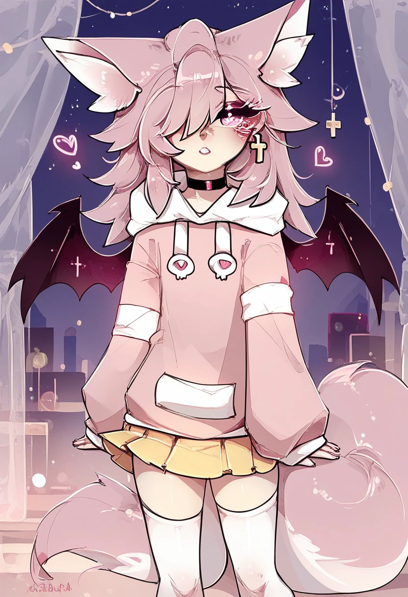 Expressiveh, (score_9, score_8_up), score_7_up,<lora:spiralwash_eyes_v3_5:0.7>, 1girl, shuuko, best quality, crydiaa-oc, animal ears, hair over one eye, tail, wings, earrings, cross, jewelry, pink eyes, long hair, choker, animal ear fluff, pink hair, fox ears, fox tail, hoodie, wings, long sleeves, skirt, thighhighs, pleated skirt, white thighhighs, pink hoodie, sleeves past wrists, sleeves past fingers, white socks