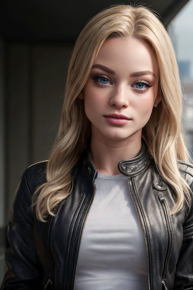 headshot of S456_RoxyShaw,a gorgeous woman,in a (city:1.1),wearing a (leather-jacket),(shirt),(4k, RAW photo, best quality, 50mm, depth of field, ultra high res:1.1),(intricate, photorealistic, cinematic-shot, masterpiece, ultra-detailed:1.1),